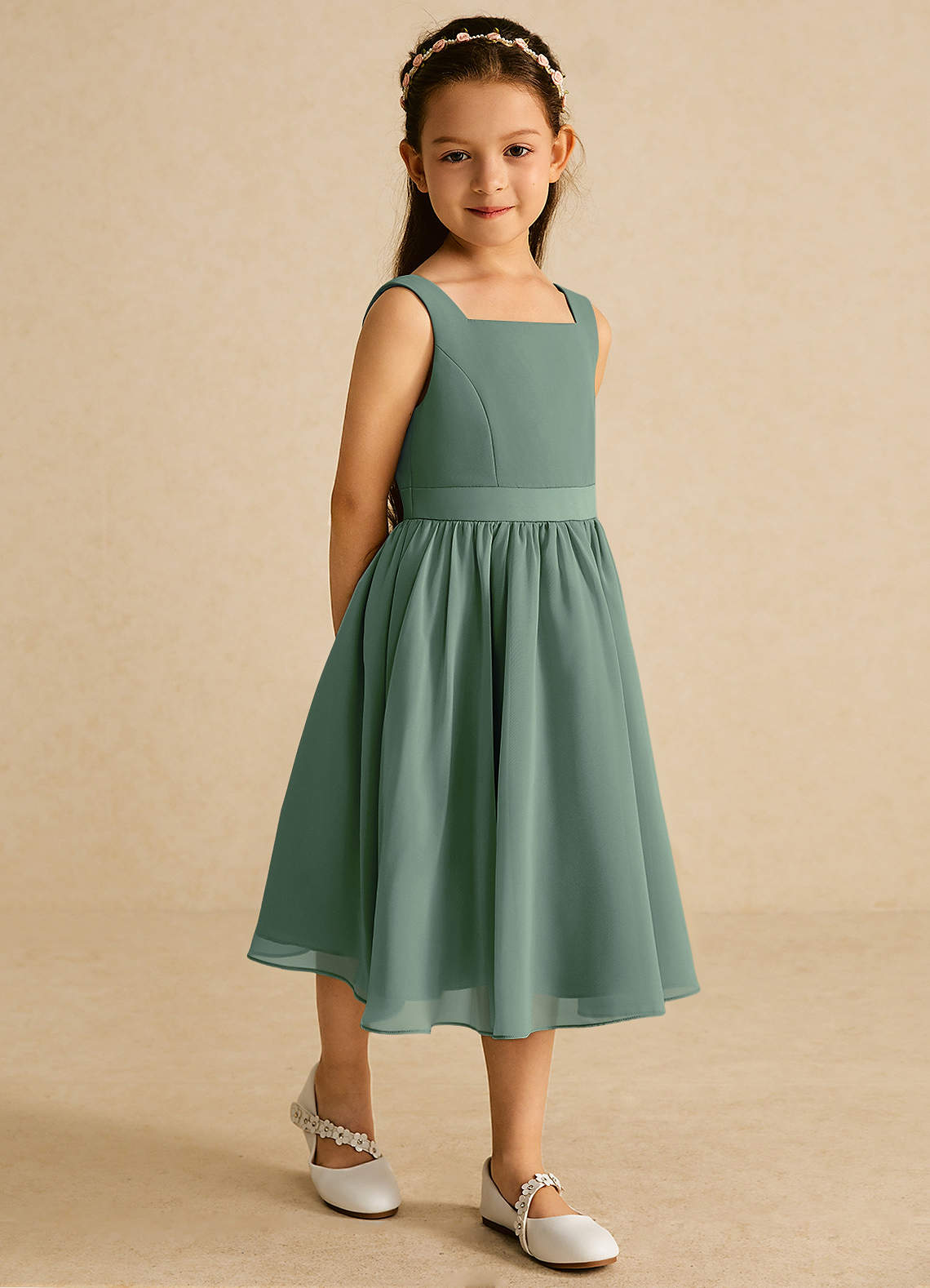 Azazie Ari Flower Girl Dresses Eucalyptus A-Line Sleeveless Chiffon Dress image4