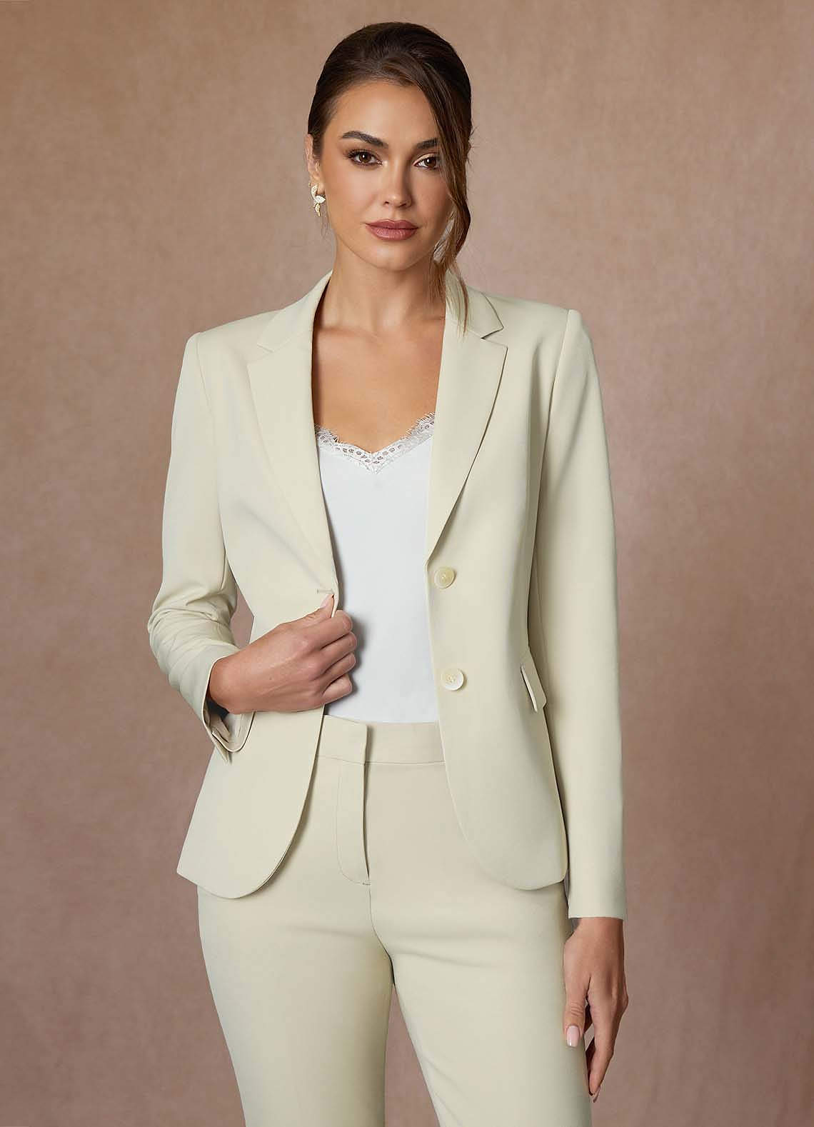 front Whitney Ivory Refined Weave Performance Cropped Pants Suit