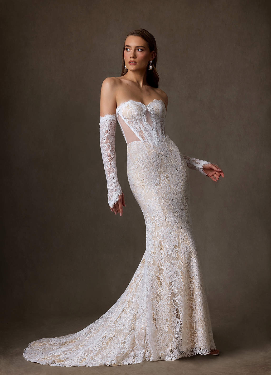 strapless floral lace dress Strapless Floral Lace A-Line Wedding Dress with Sheer Tulle Scarf