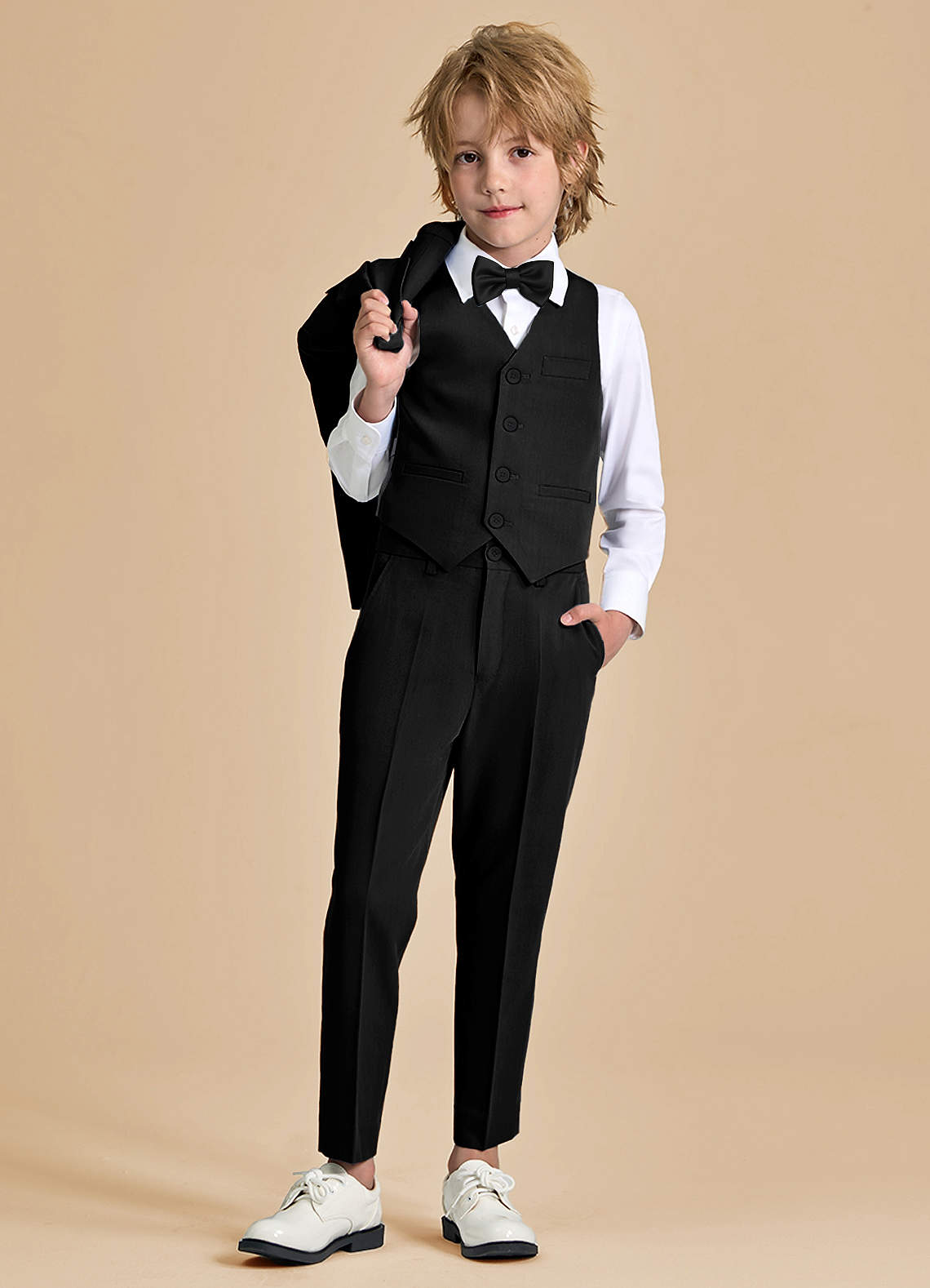 front Oliver Boys Black 5-Piece Suit With Bow Tie