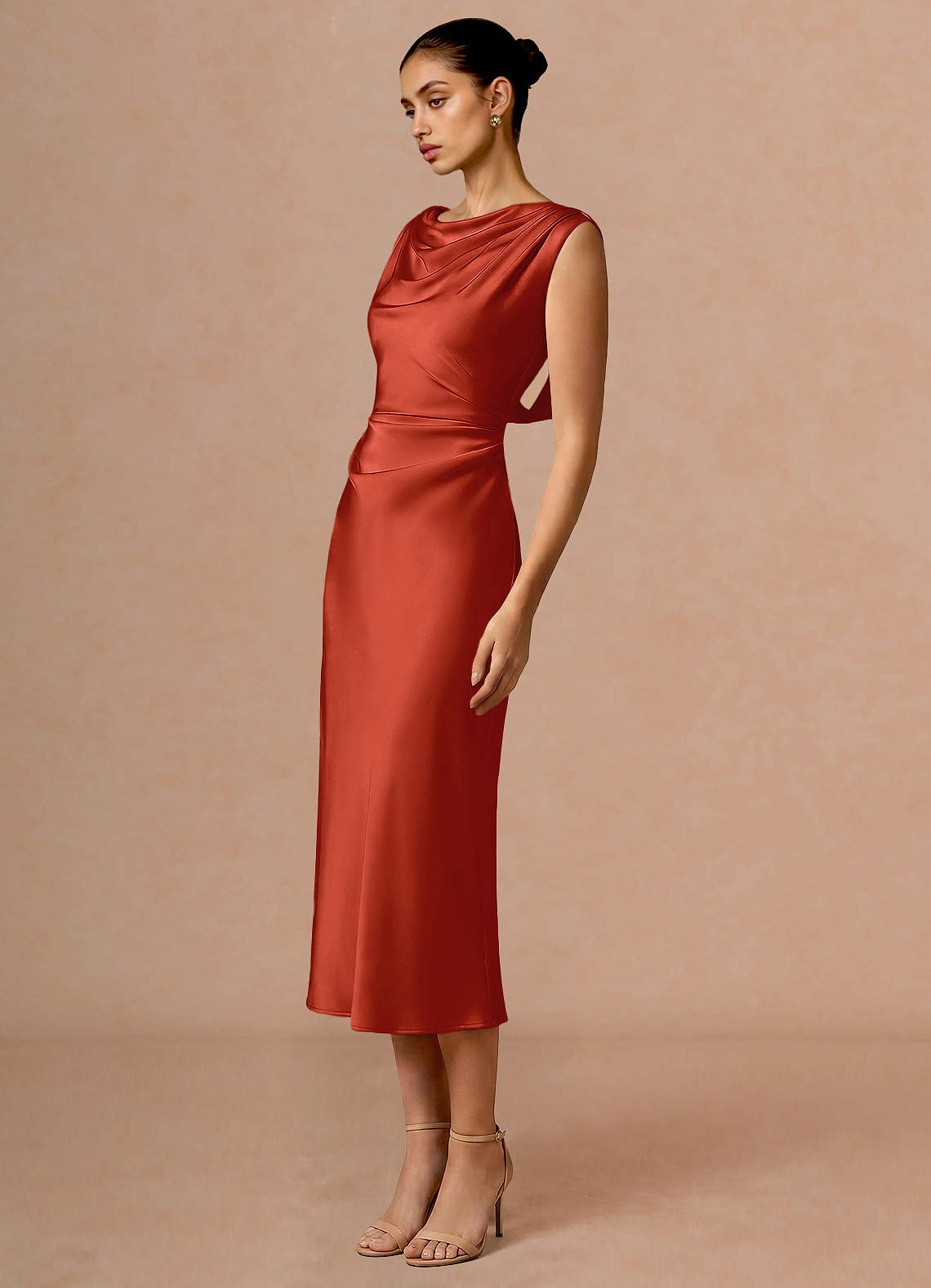 rust silk midi dress Azazie Cowl Column Midi Cocktail Dresses in Rust