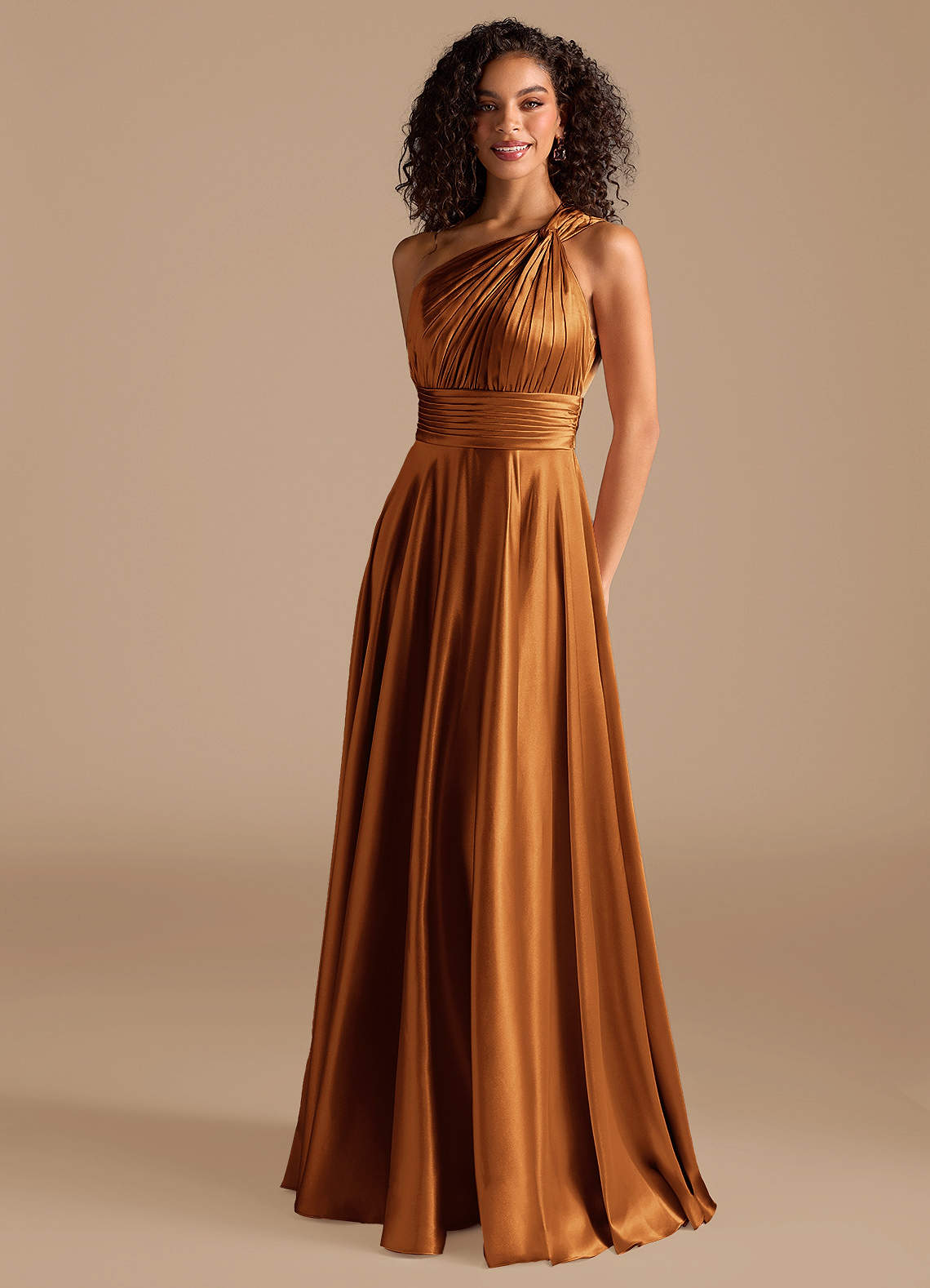 Azazie A-Line One-Shoulder Floor-Length Metallic Satin Bridesmaid Dresses - Copper, image size:1140x1578