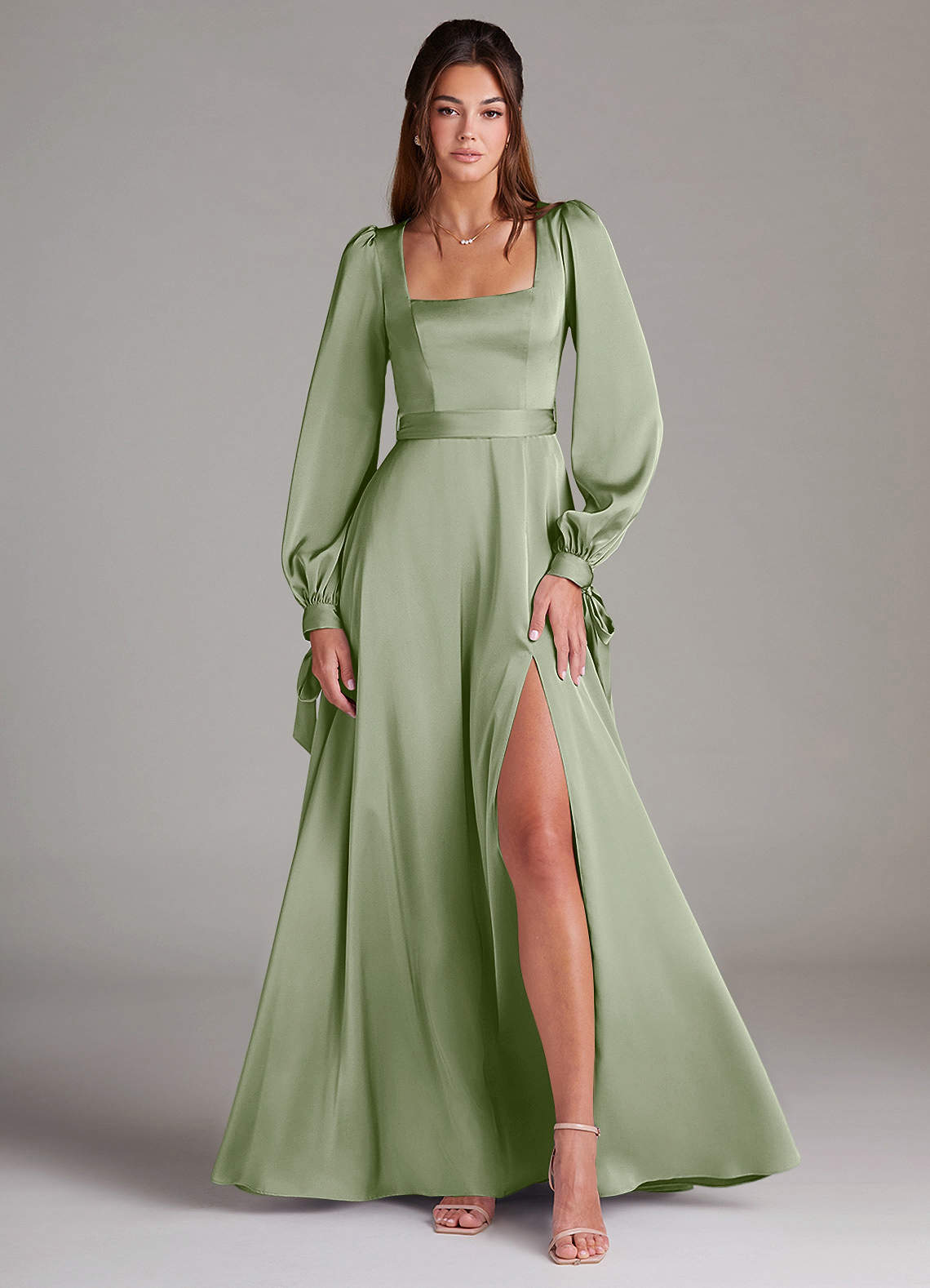 Azazie Leonia Bridesmaid Dresses Dusty Sage A-Line Long Sleeve Stretch Satin Dress image1