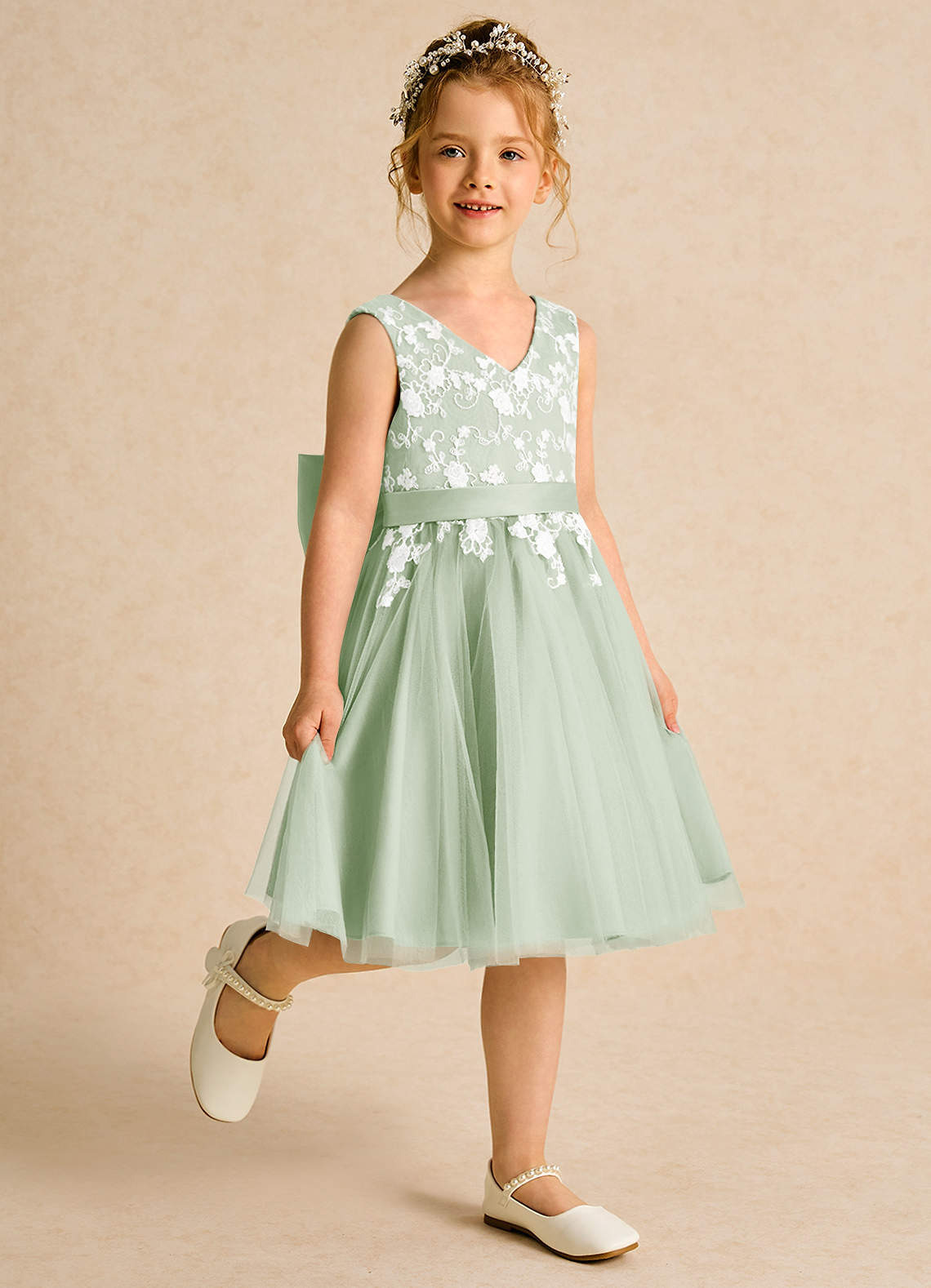 Azazie Butterfly Flower Girl Dresses Dusty Sage A-Line Lace Dress image2