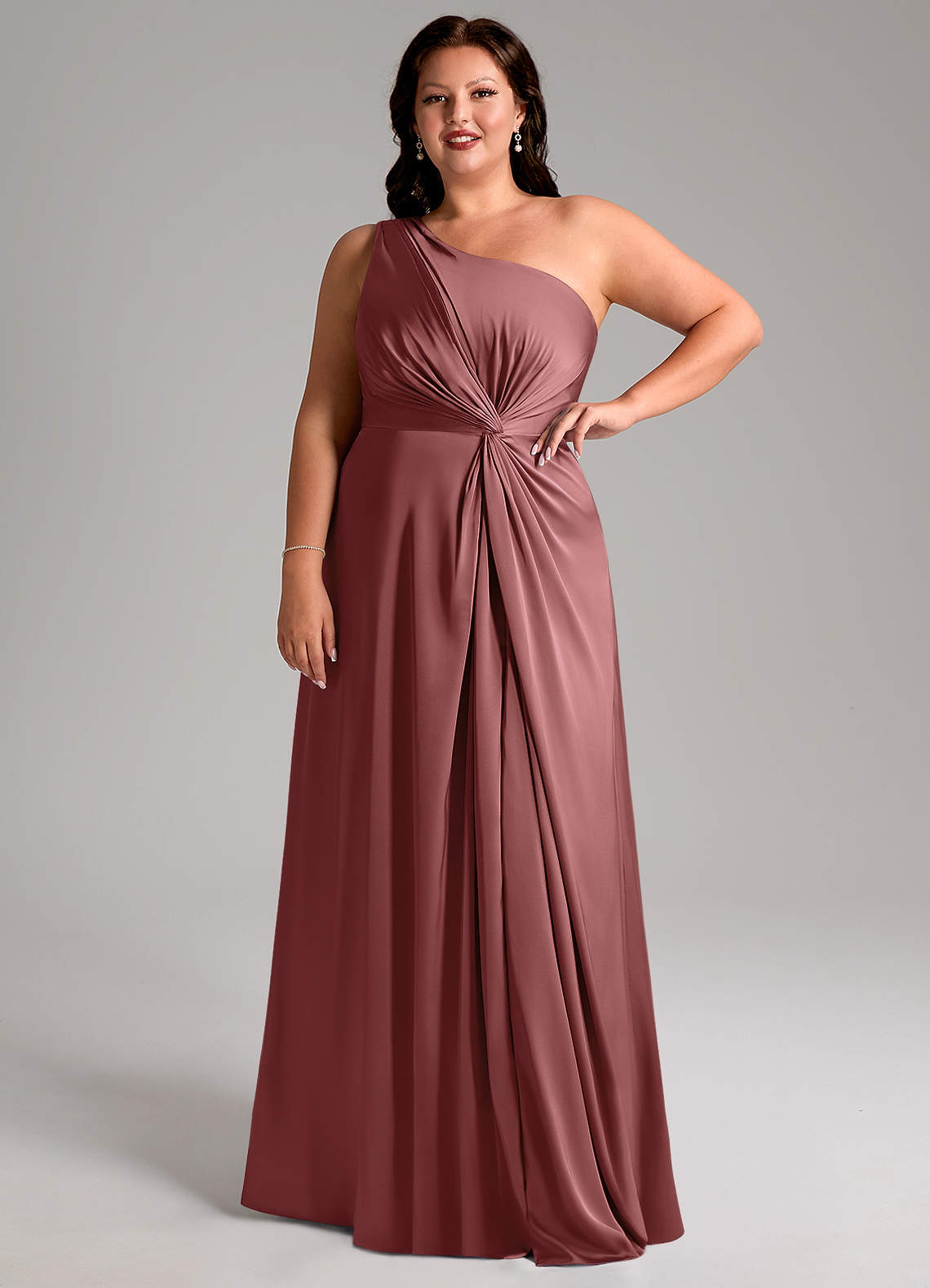 Azazie Brooke Bridesmaid Dresses Amethyst A-Line One Shoulder Stretch Satin Dress image11