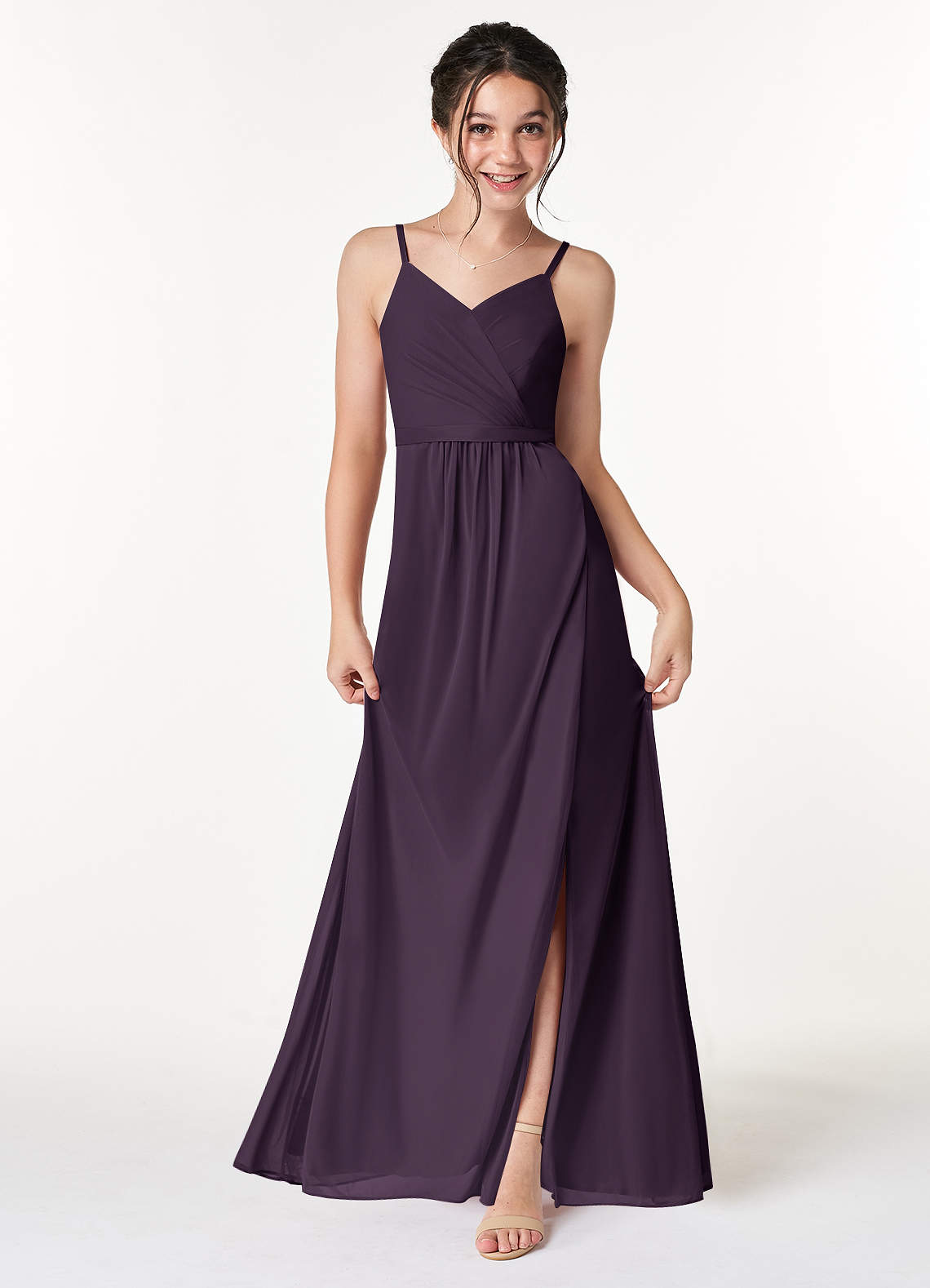 Azazie Luxy Junior Plum Pleated Mesh Dress image1