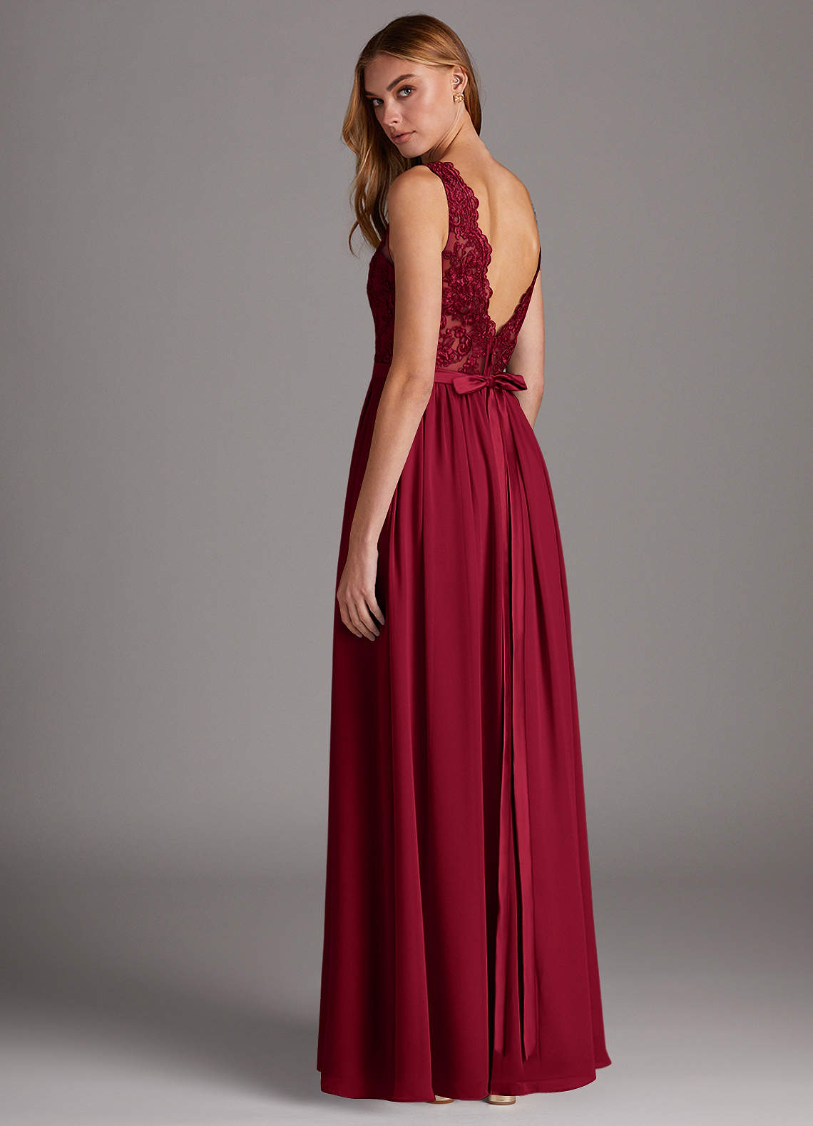 turqoise bridesmaid dresses Elegant Burgundy Lace Top V-neck Tulle Sleeves A-line Prom Dress, PD33 –  AlineBridal main image 1
