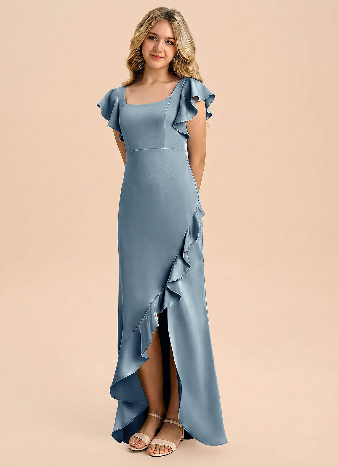 dusty blue junior dress Wedtrend Women Dusty Blue Wrap Short Junior Bridesmaid Dress with Flutter Sleeves Chiffon V Neck Ruffle Tea-Length Wedding Guest Dress, Chiffon color