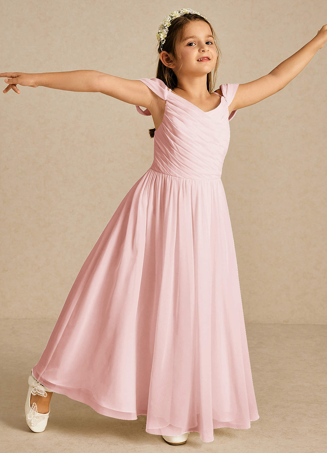 Bell Jadin Chiffon Dress ピンク Pleated Bell Sleeve Gown by Cinderella Divine CD242 – ABC
