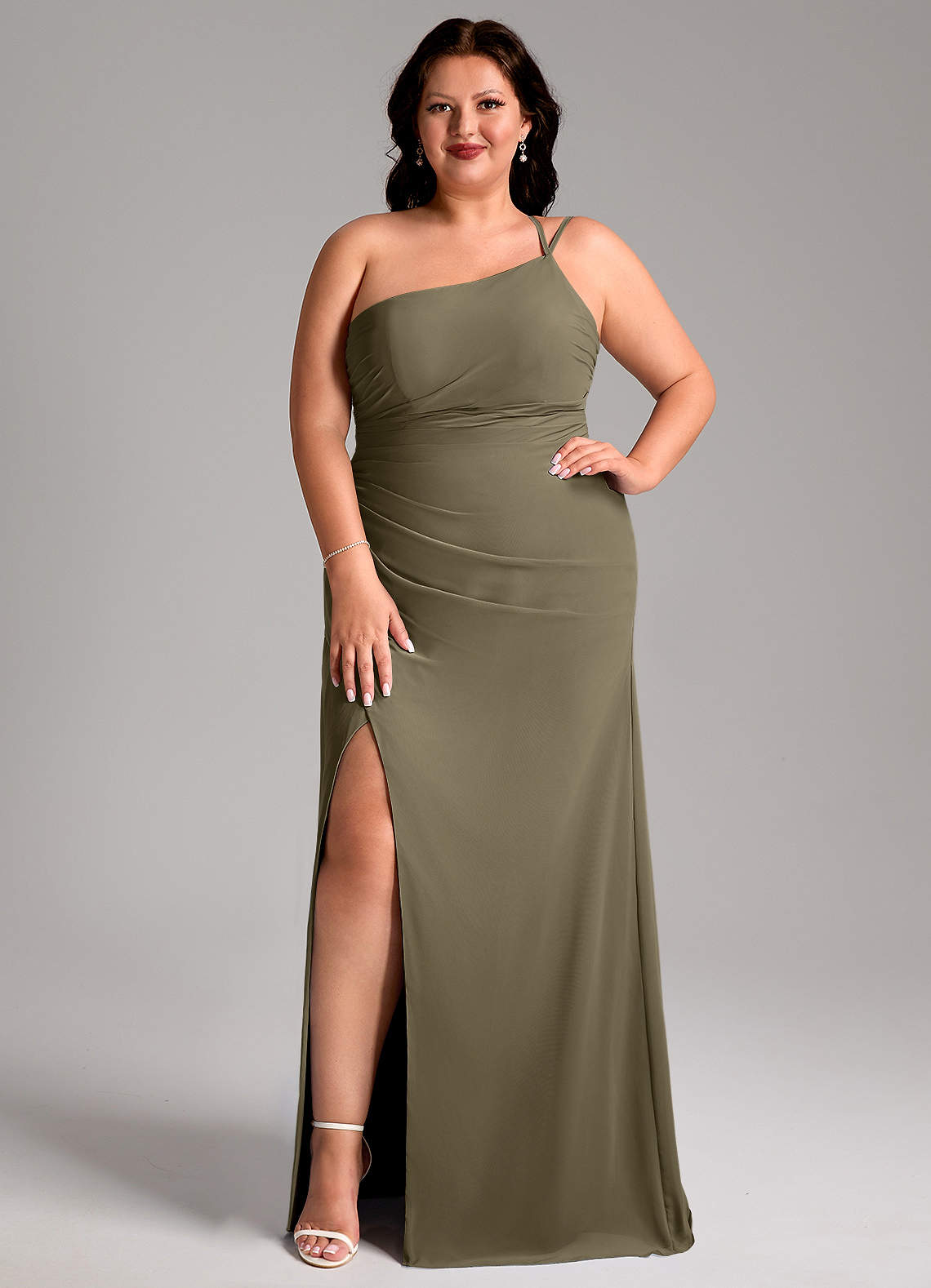 Azazie Eren Jurken voor bruidsmeisjes Jurk van Chiffon met Kolom One-Shoulder Wilgengroen image7