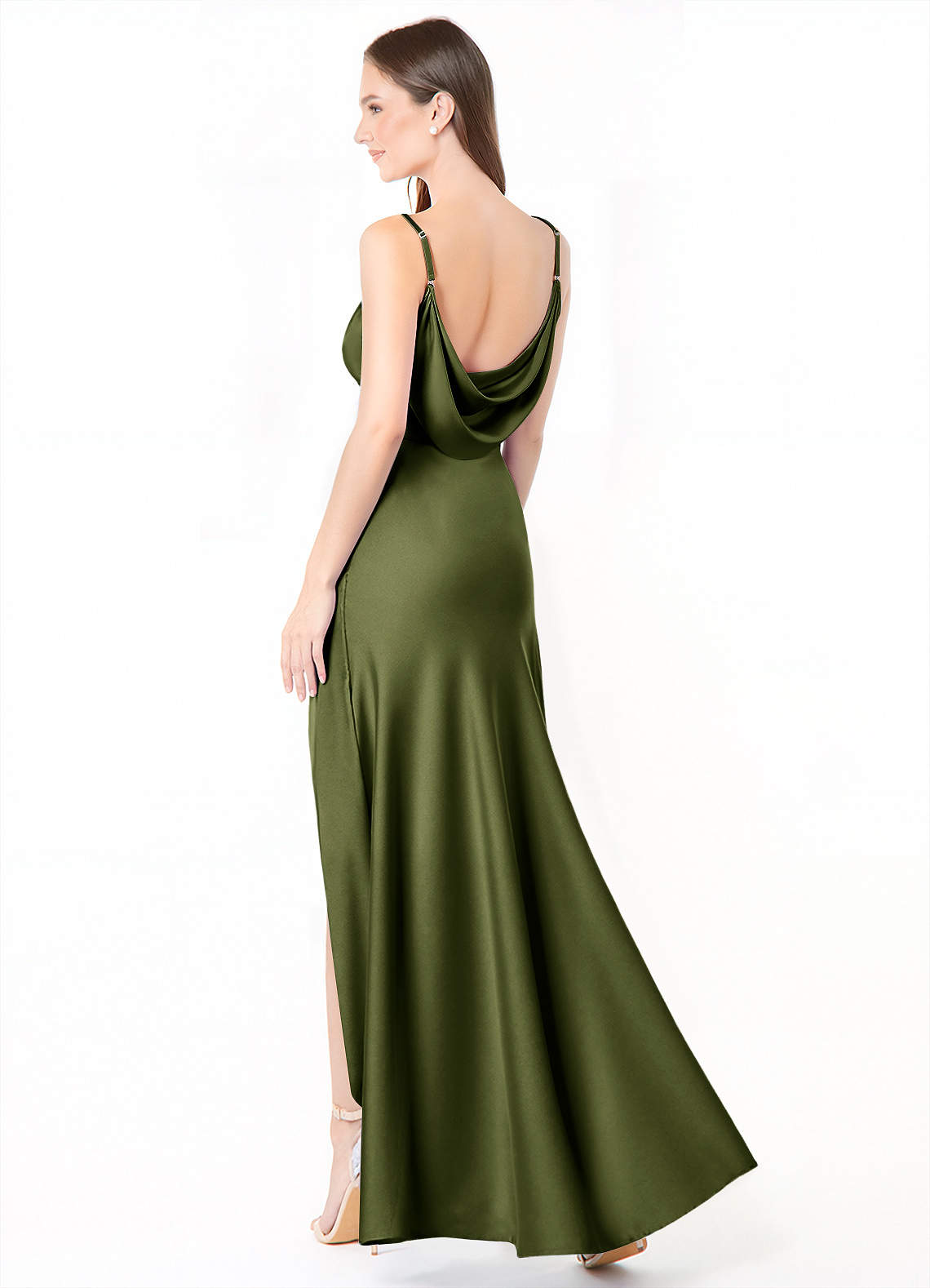 Azazie Alaija Brautjungfernkleider Meerjungfrau-Linie Seitliche Cut-Outs Stretch-Satin Kleid Olivgrün image1