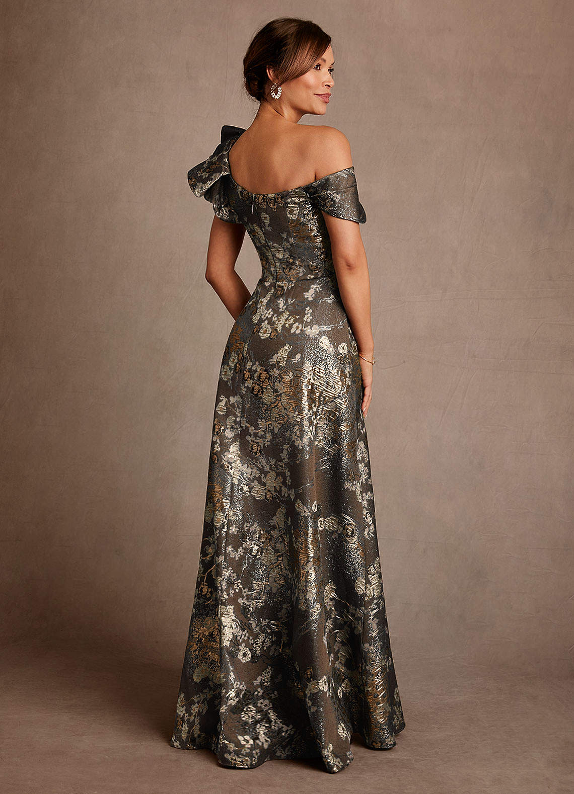 Azazie Des Moines Mocha Coco A-Line One Shoulder Floral Jacquard