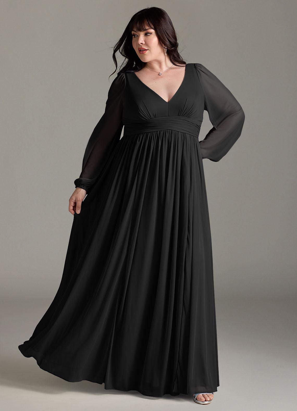 Azazie Norah At-home Try On Dresses Black A-Line V-Neck Long Sleeve Chiffon Dress image7