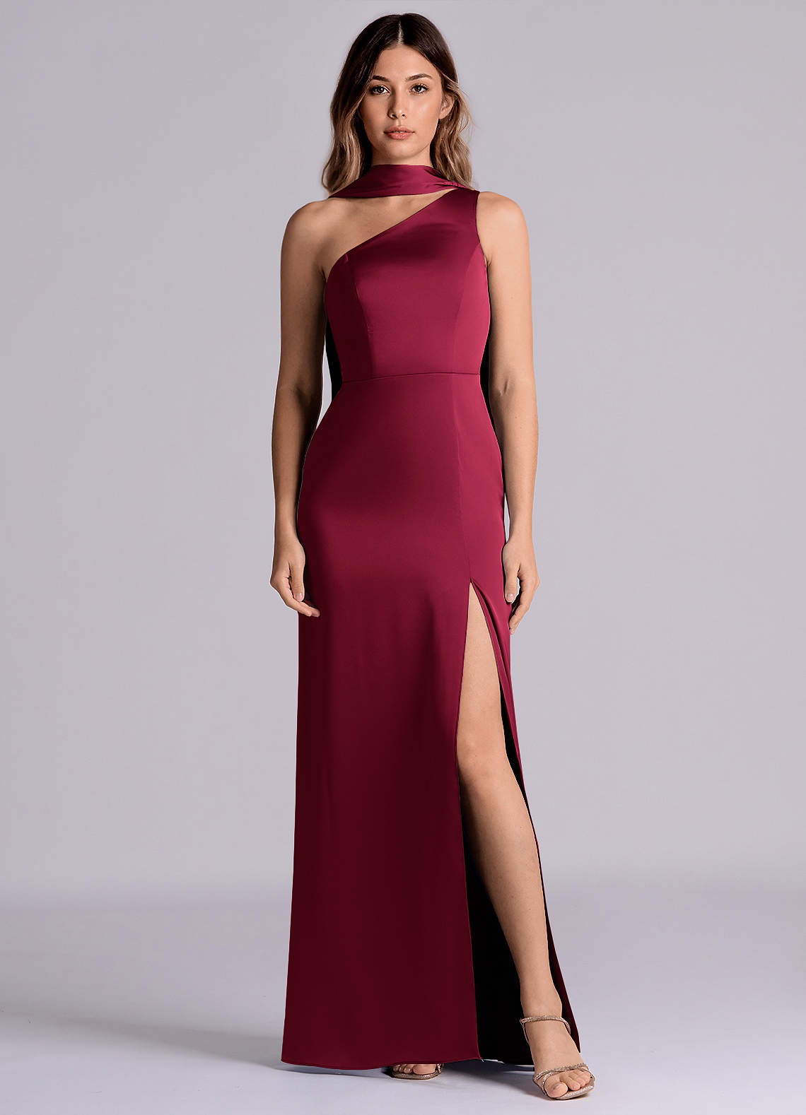 Azazie Phaedra Bridesmaid Dresses Burgundy A-Line One Shoulder Stretch Satin Dress image1