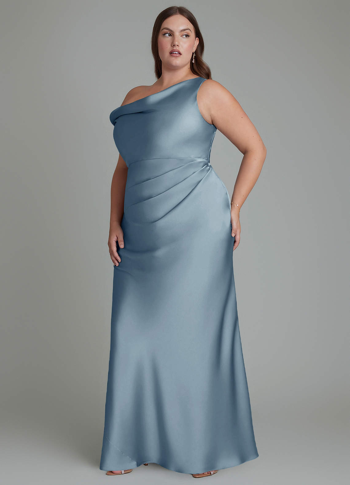 Azazie Emerson Bridesmaid Dresses Dusty Blue Mermaid Off the Shoulder Stretch Satin Dress image10