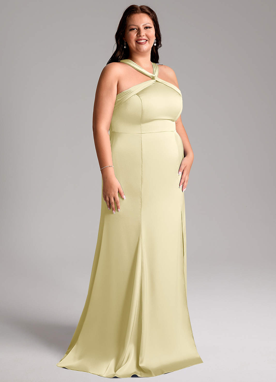 Azazie Rue Bridesmaid Dresses Lemon Sorbet Mermaid Pleated Stretch Satin Dress image11