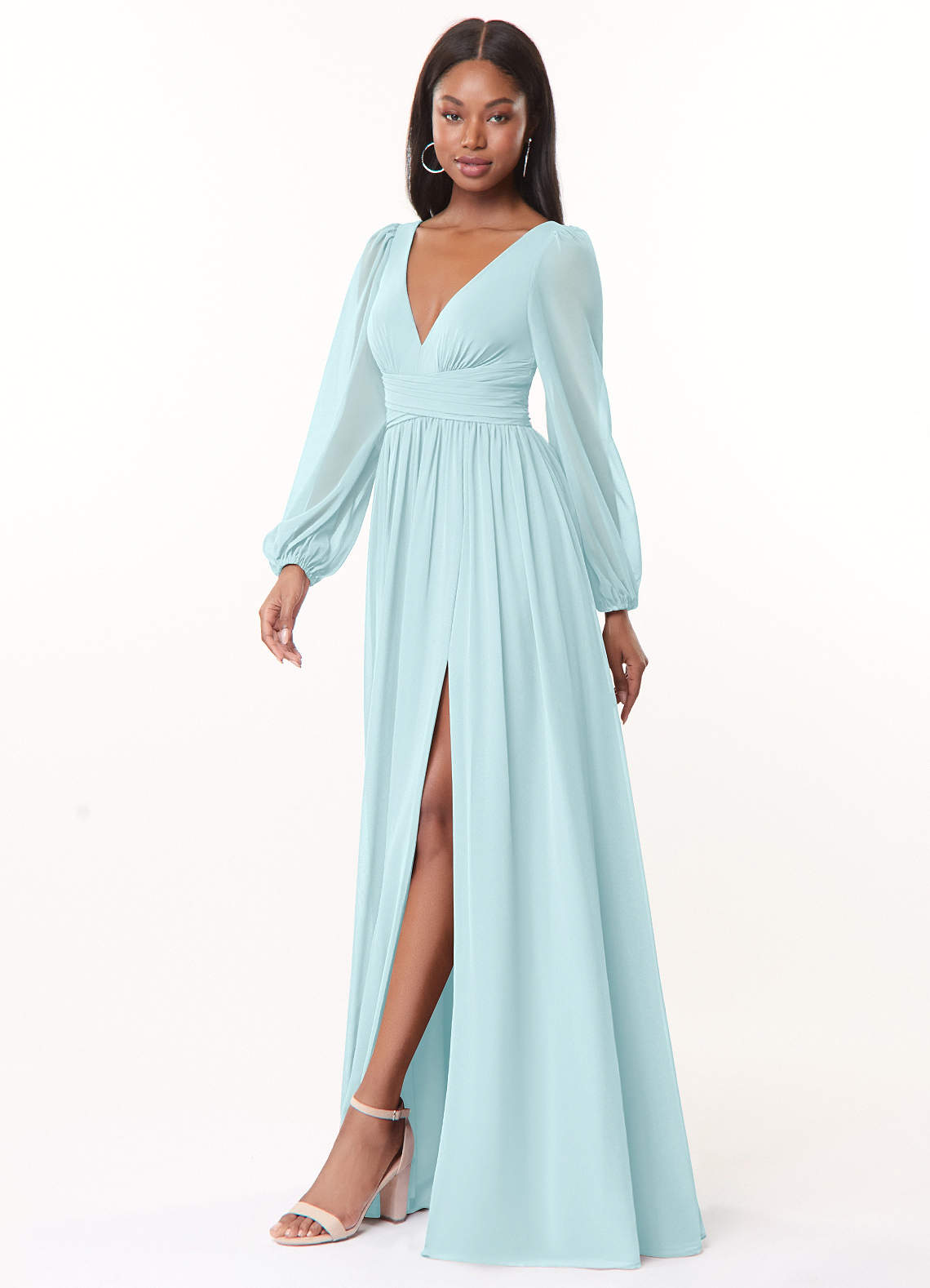 Azazie Plus Size A-Line V-Neck Long Sleeve Floor-Length Chiffon Bridesmaid Dresses - Sea Glass