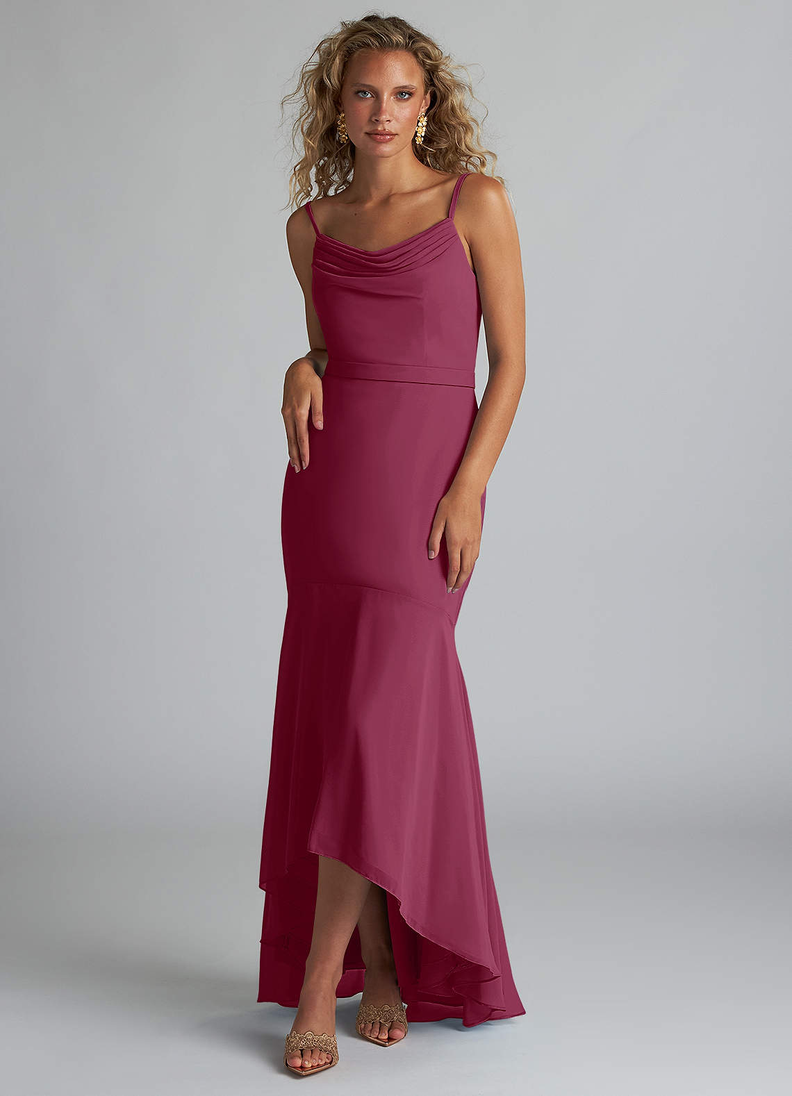 Azazie Summer Bridesmaid Dresses Mulberry Mermaid Scoop Cowl Chiffon Dress image1