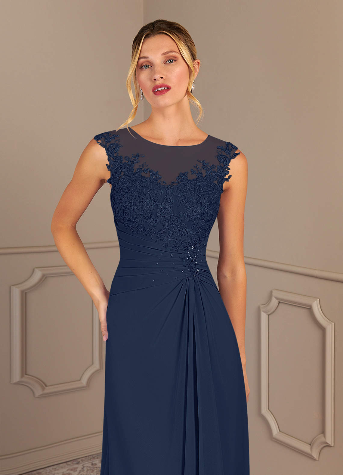 Azazie Endora Mother of the Bride Dresses Dark Navy A-Line Scoop Lace Chiffon Dress image4