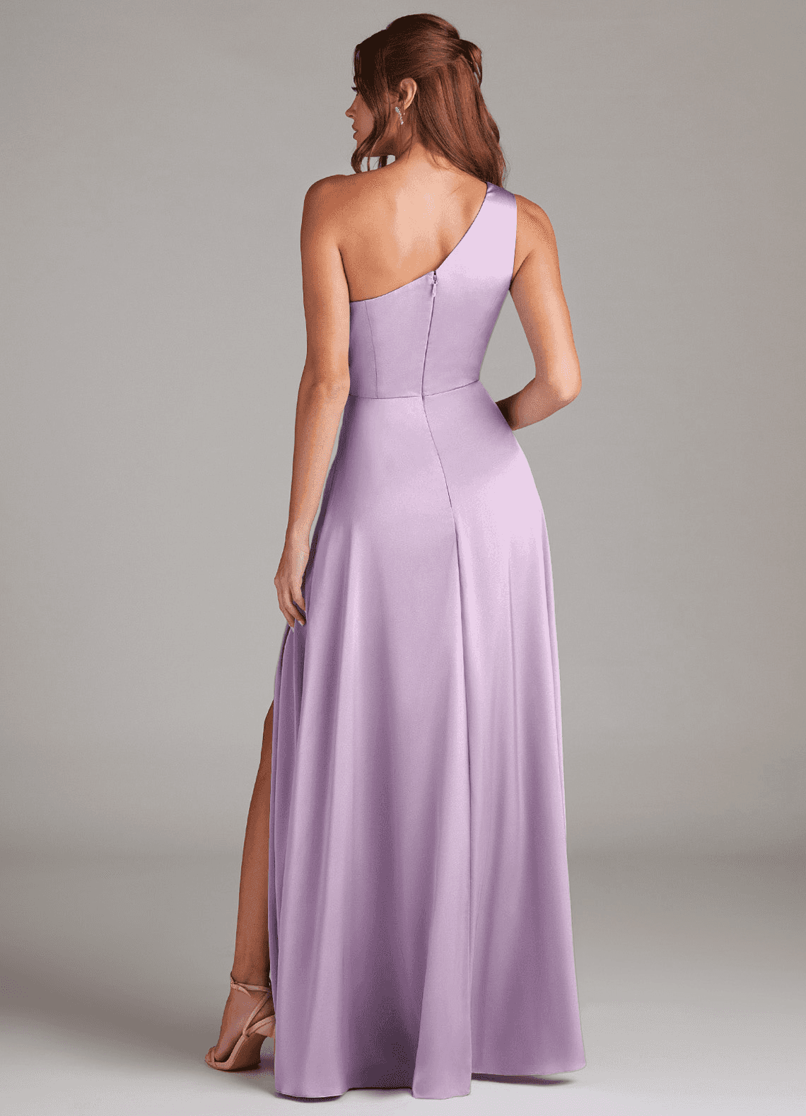 Azazie Brooke Bridesmaid Dresses Frosted Lilac A-Line One Shoulder Stretch Satin Dress image6