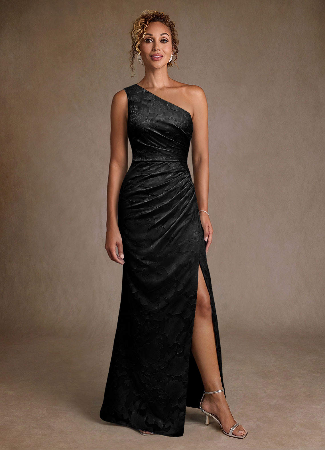 Azazie Joylin Mother of the Bride Dresses Black Trumpet One Shoulder Floral Burnout Dress image3