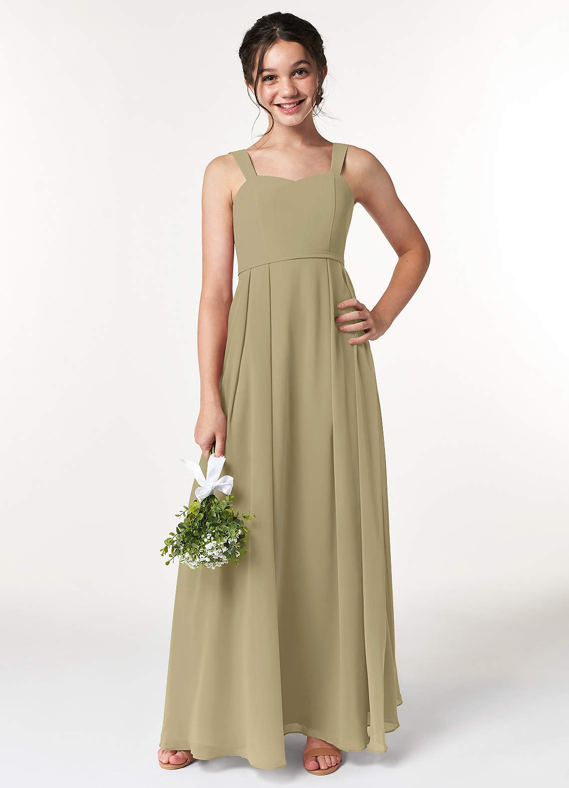 Azazie Simoan Junior Abito A-Line in Chiffon Scollo a Cuore Verde Muschio image1