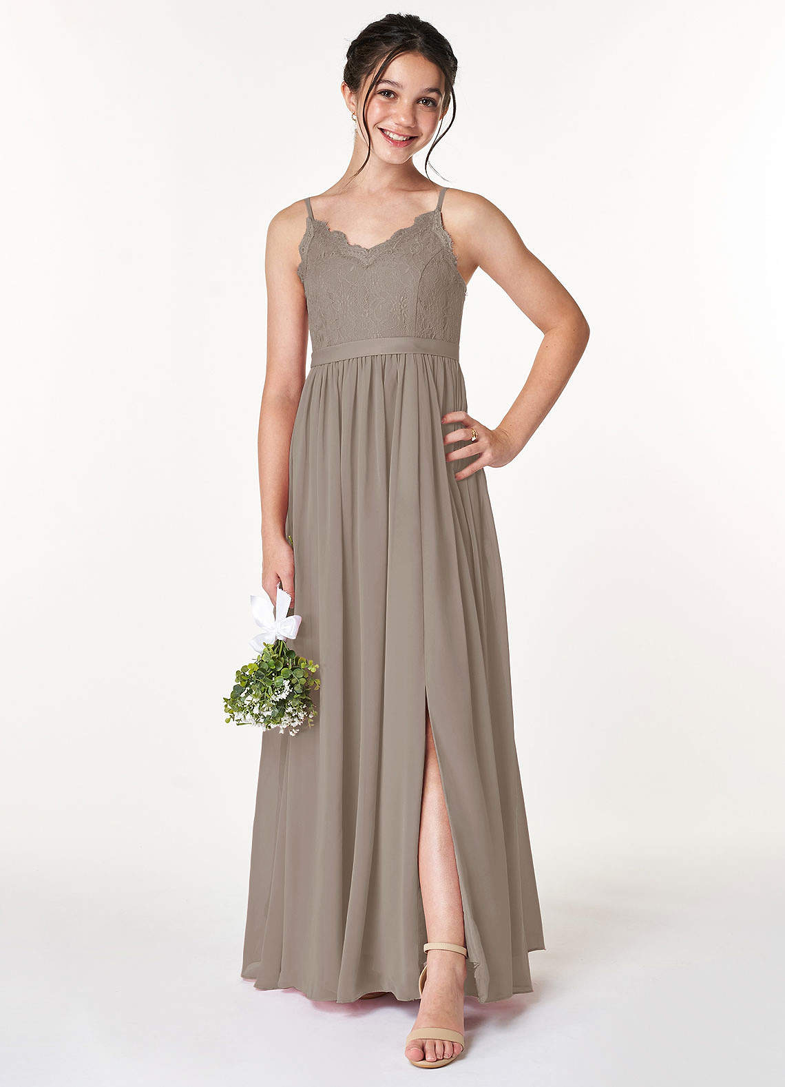 Taupe junior 2024 bridesmaid dress