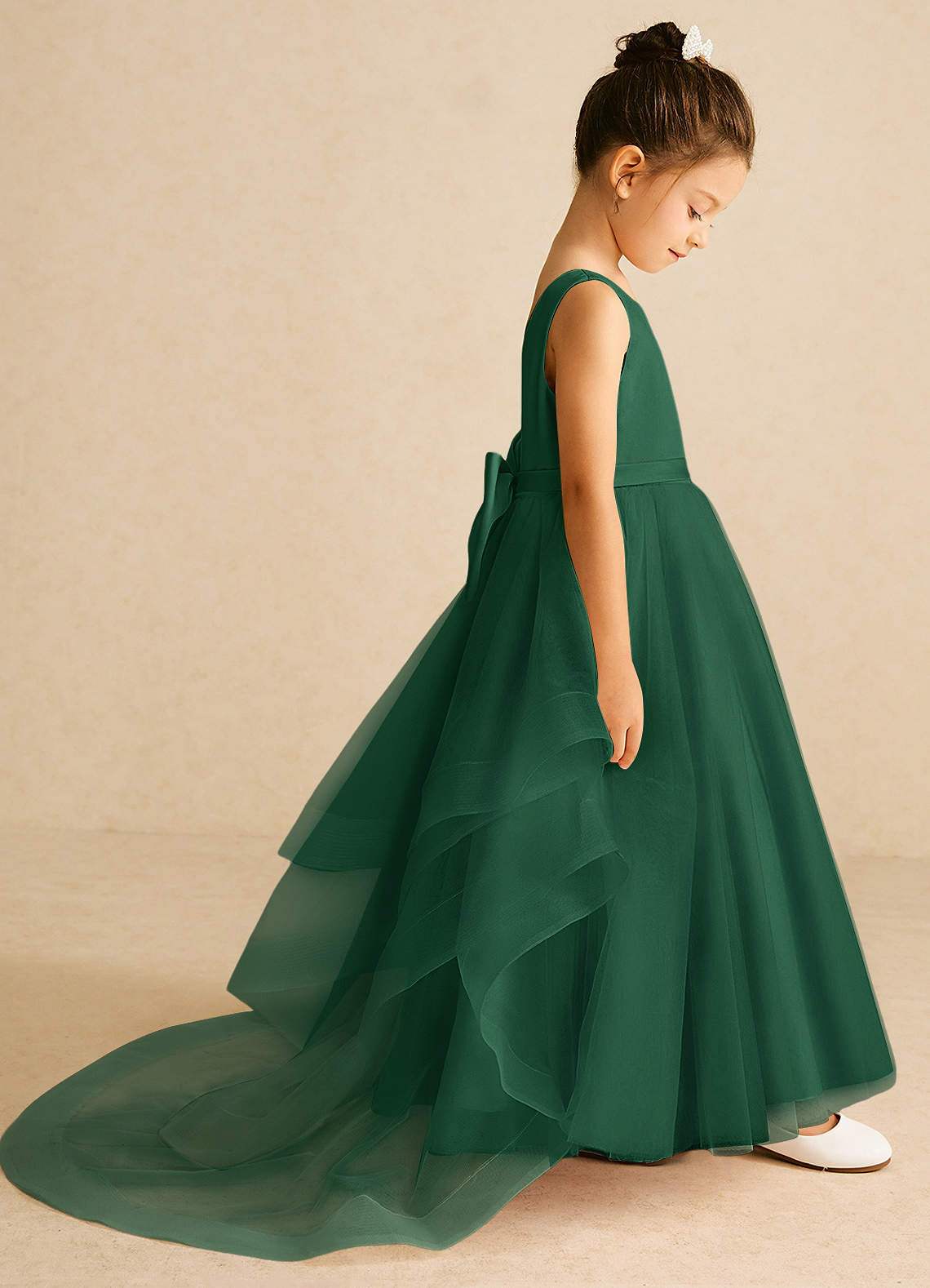 Azazie Pumpkin Flower Girl Dresses Dark Green A-Line Convertible Tulle Dress image2