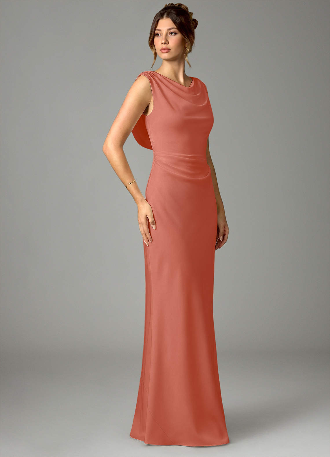 Azazie Kieryn Vestidos de madrinha de casamento Vestido Rosa Salmão de Cetim elástico de sereia com Plissado image2