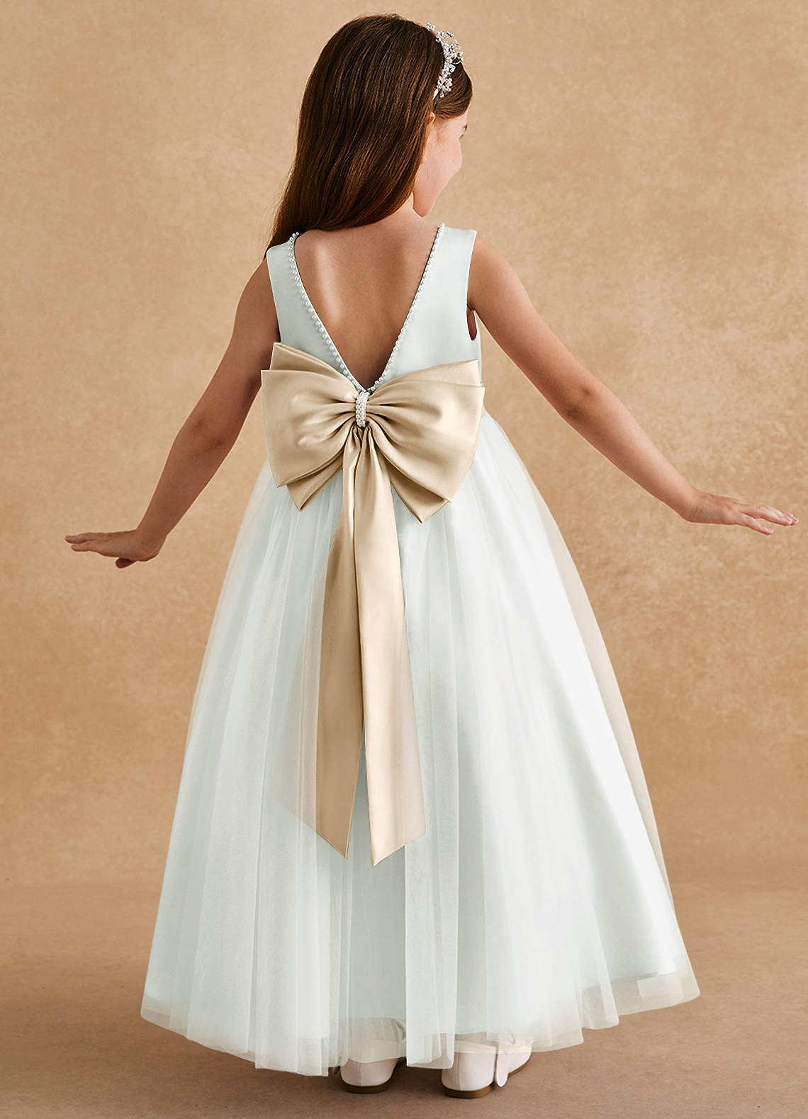 Azazie Cookie Flower Girl Dresses Ivory Champagne A-Line Bow Tulle Dress image1
