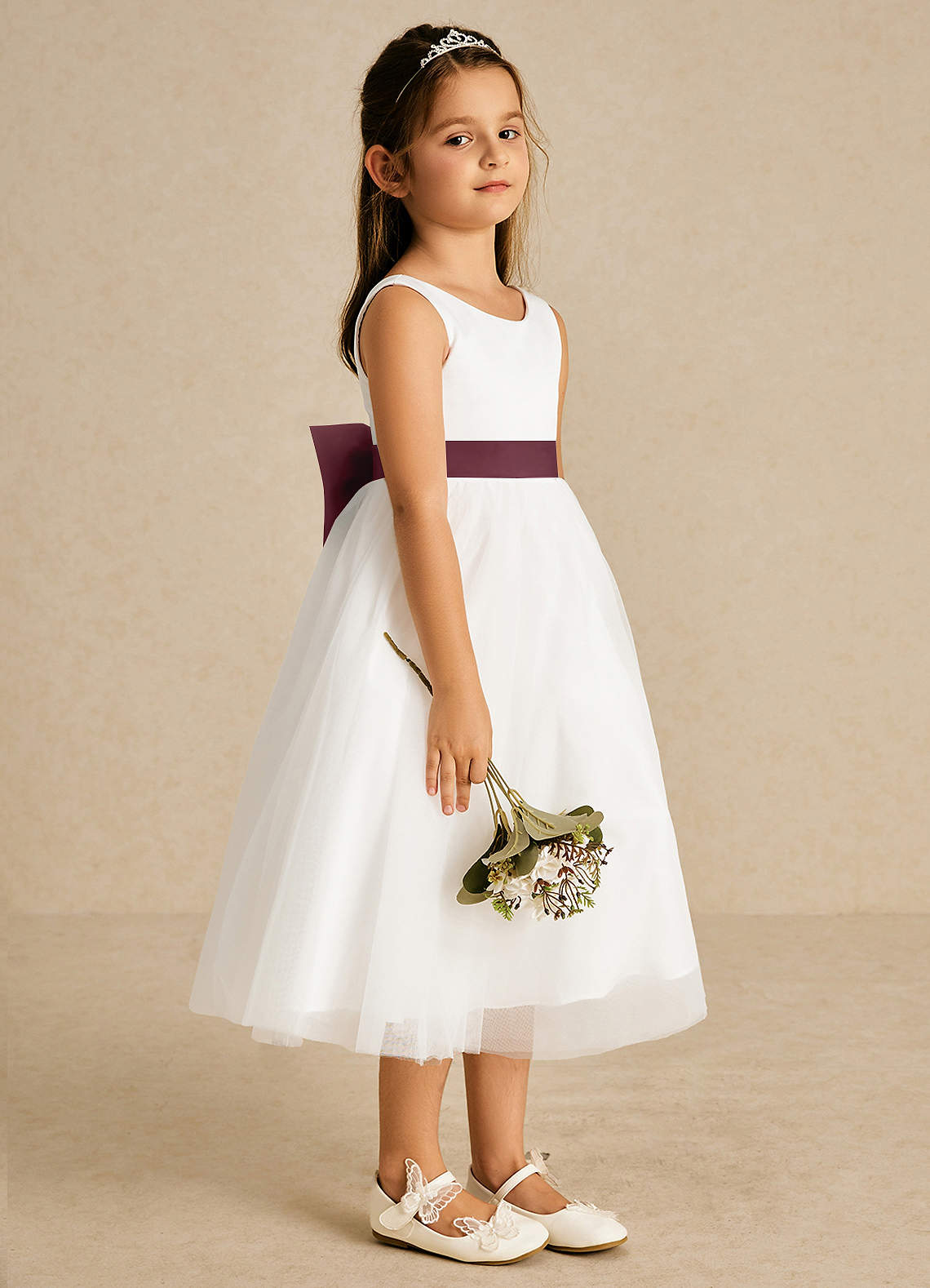 Azazie Kavi Flower Girl Dresses Ivory Cabernet A-Line Bow Matte Satin Dress image3