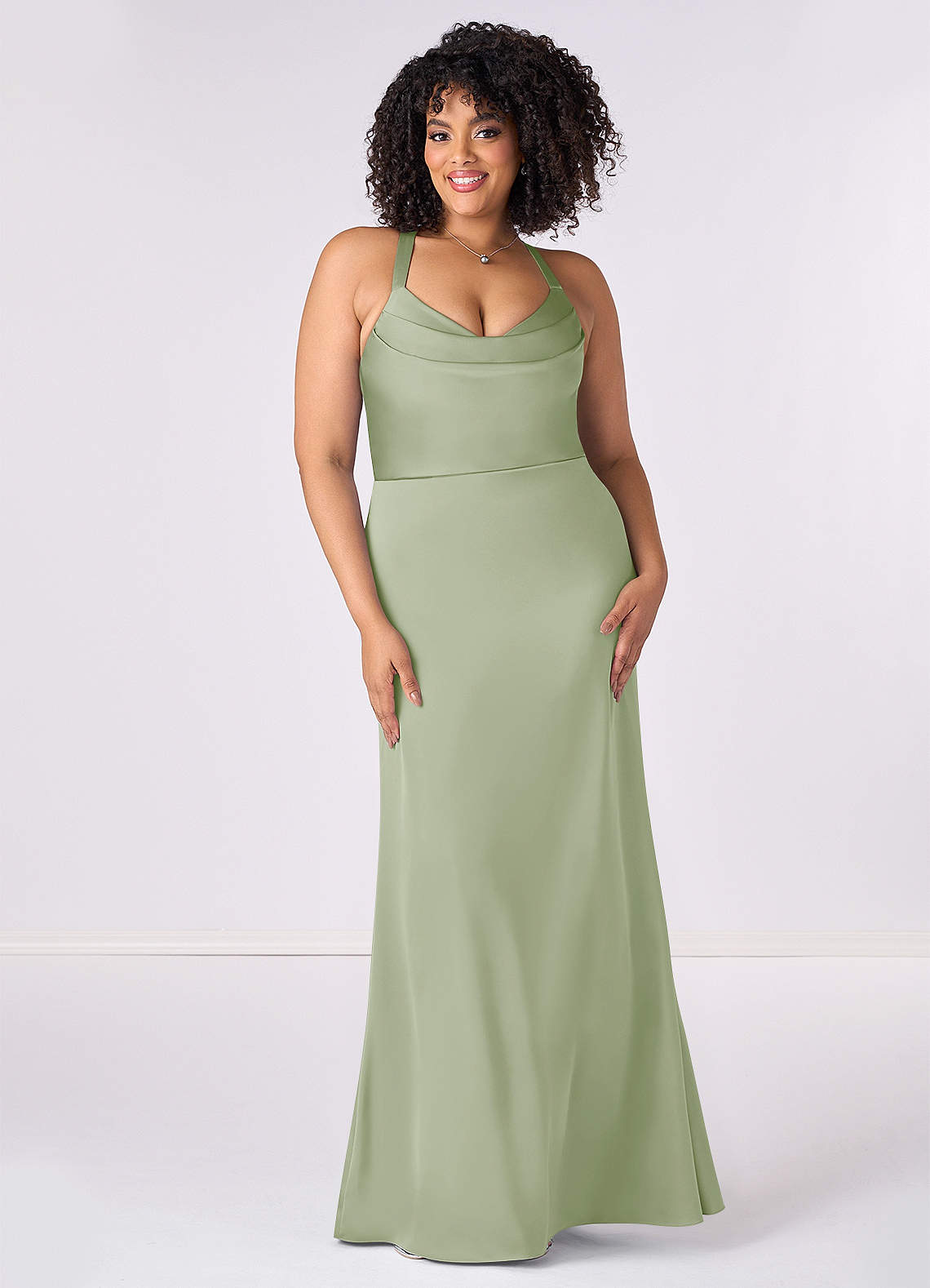 Barbie ♥ Azazie Bridesmaid Dresses Dusty Sage Mermaid Pleated Stretch Satin Dress image5
