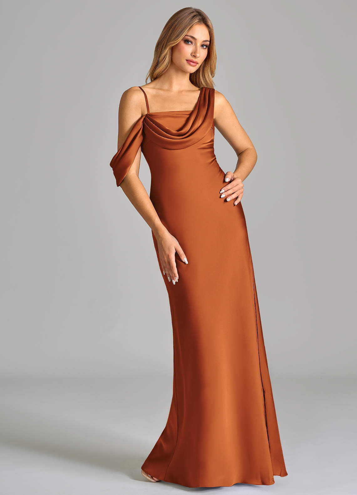 Azazie Celina Bridesmaid Dresses Cinnamon Sheath Off the Shoulder Stretch Satin Dress image1