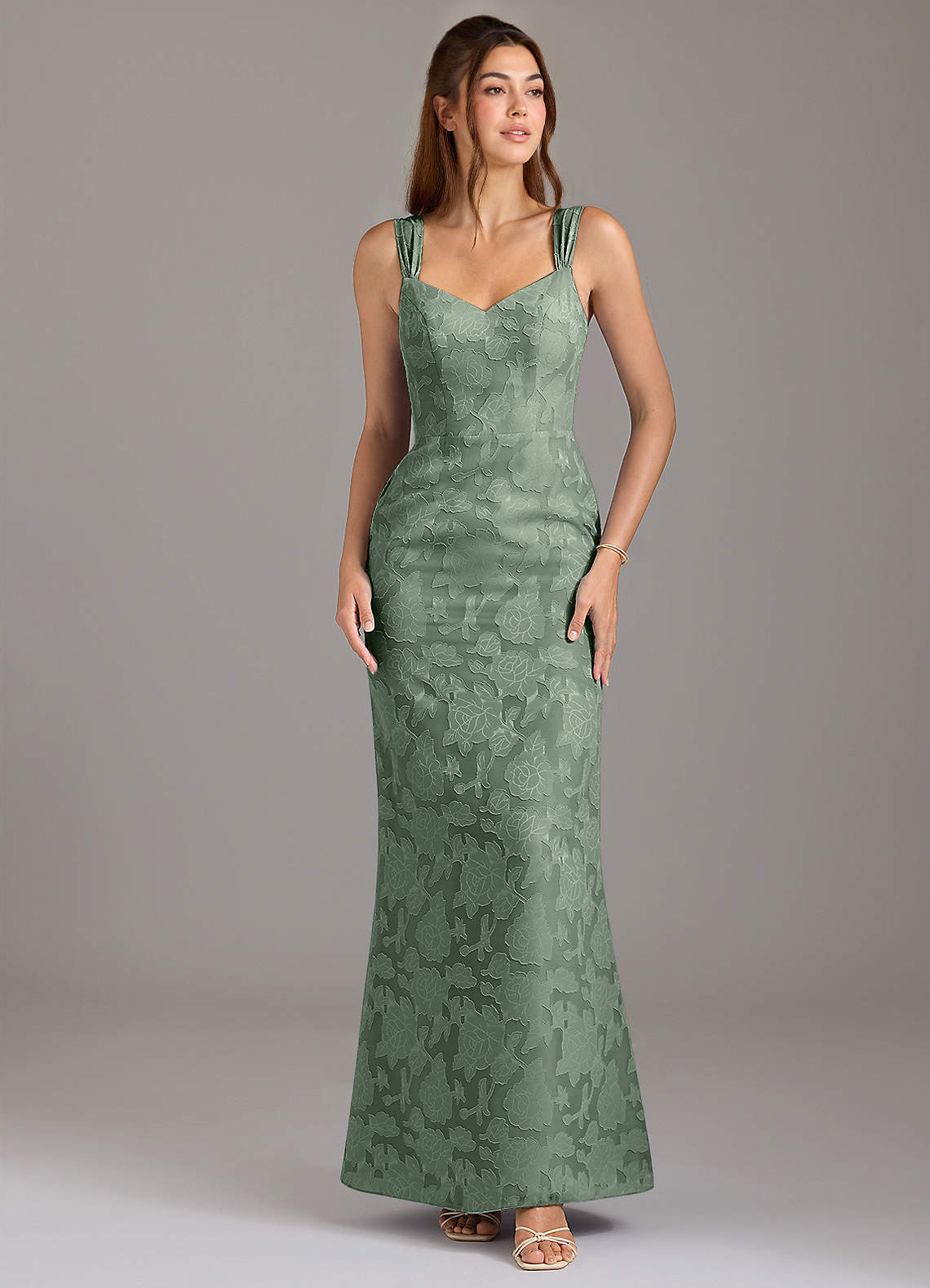 Azazie Denice Vestidos de damas de honor Vestido de Matcha de Devorado Floral de Corte en A con Plisado image1