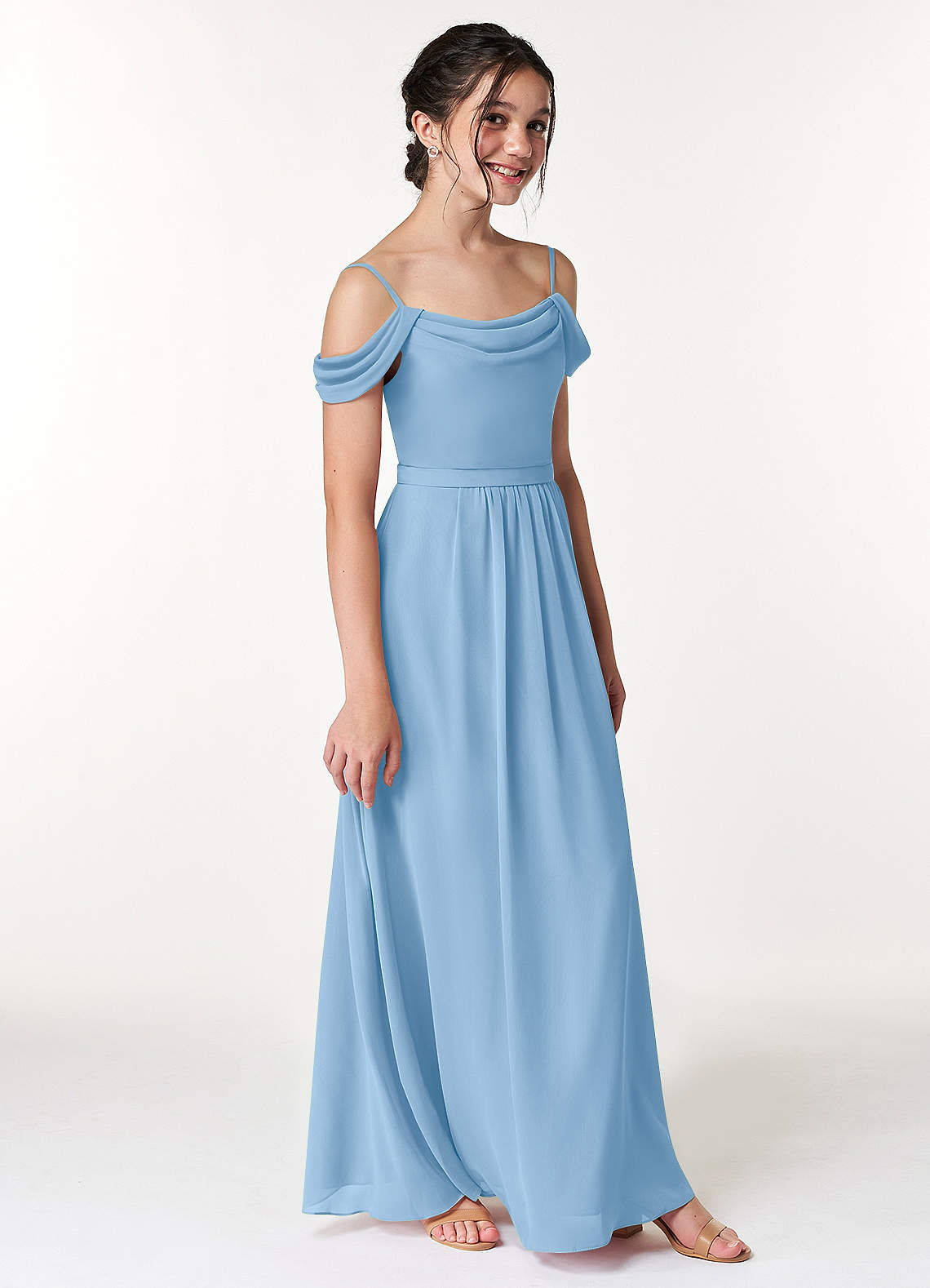 Azazie Alivia Junior Powder Blue A-Line Off the Shoulder Chiffon Dress image2