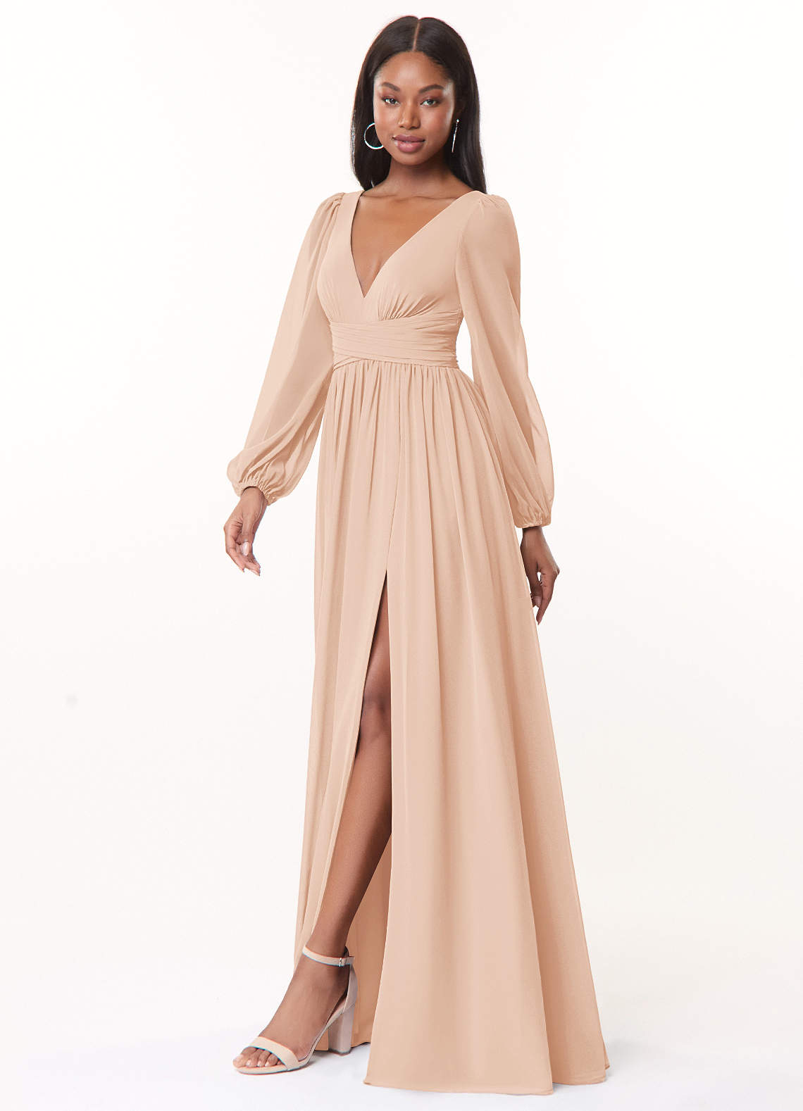 Azazie Norah Bridesmaid Dresses English Rose A-Line V-Neck Long Sleeve Chiffon Dress image3