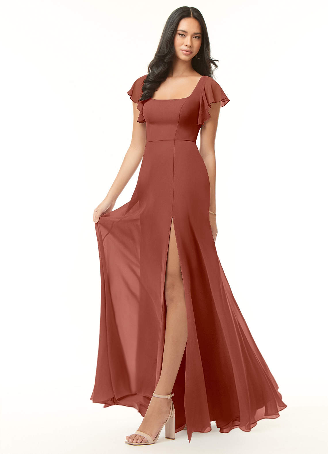 Azazie Bondi Bridesmaid Dresses Auburn A-Line Ruffled Chiffon Dress image3