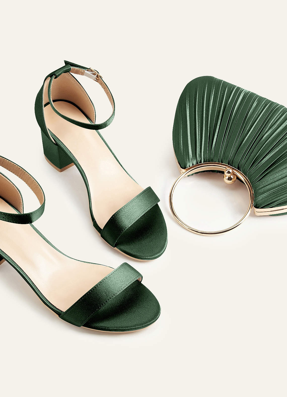 front Matching Color Metallic Satin Block Low Heel Sandals & Pleated Handbag Set