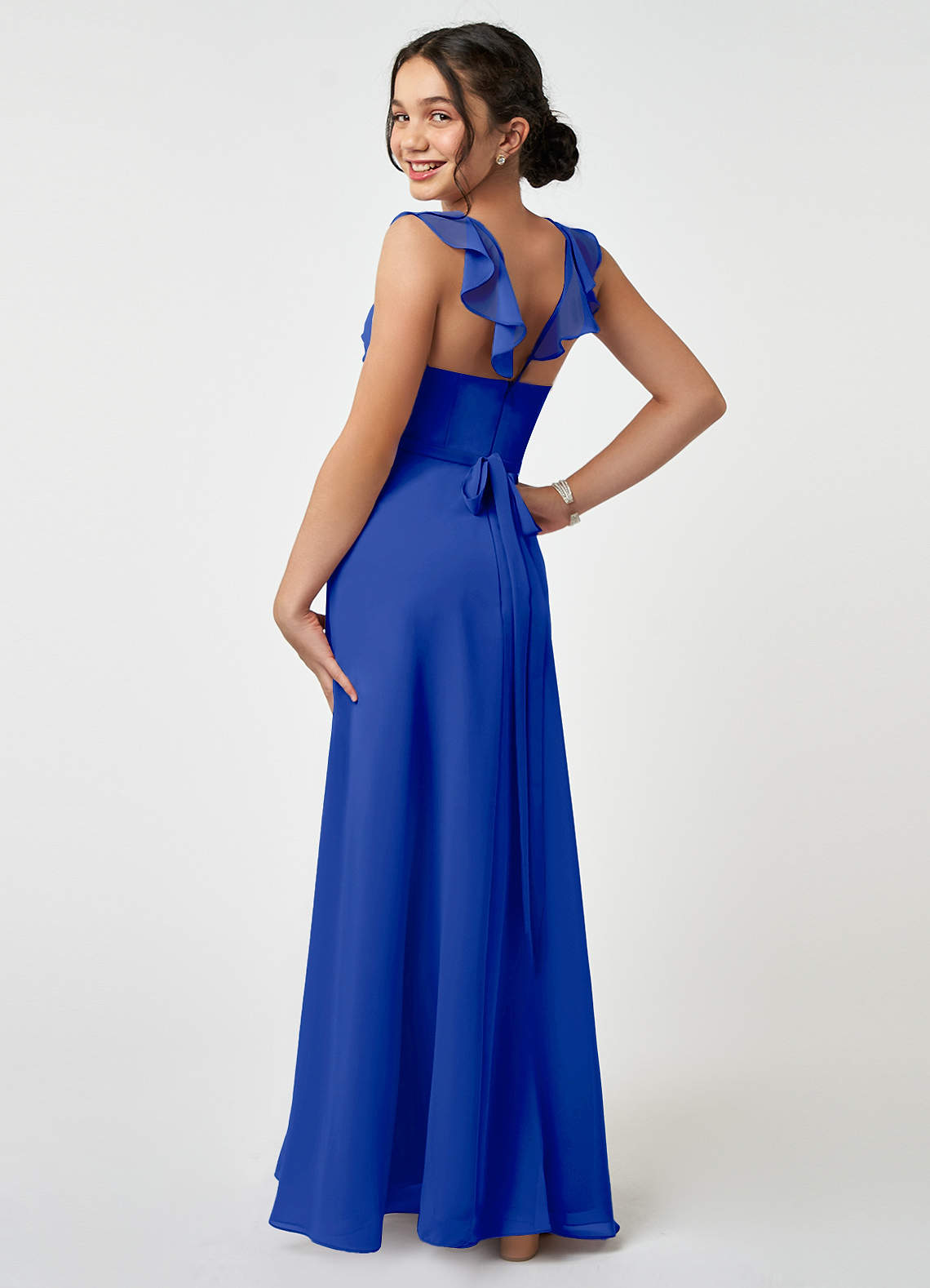 Azazie Emily Junior Robe Trapèze en Mousseline de soie Rayé Bleu Roi image3