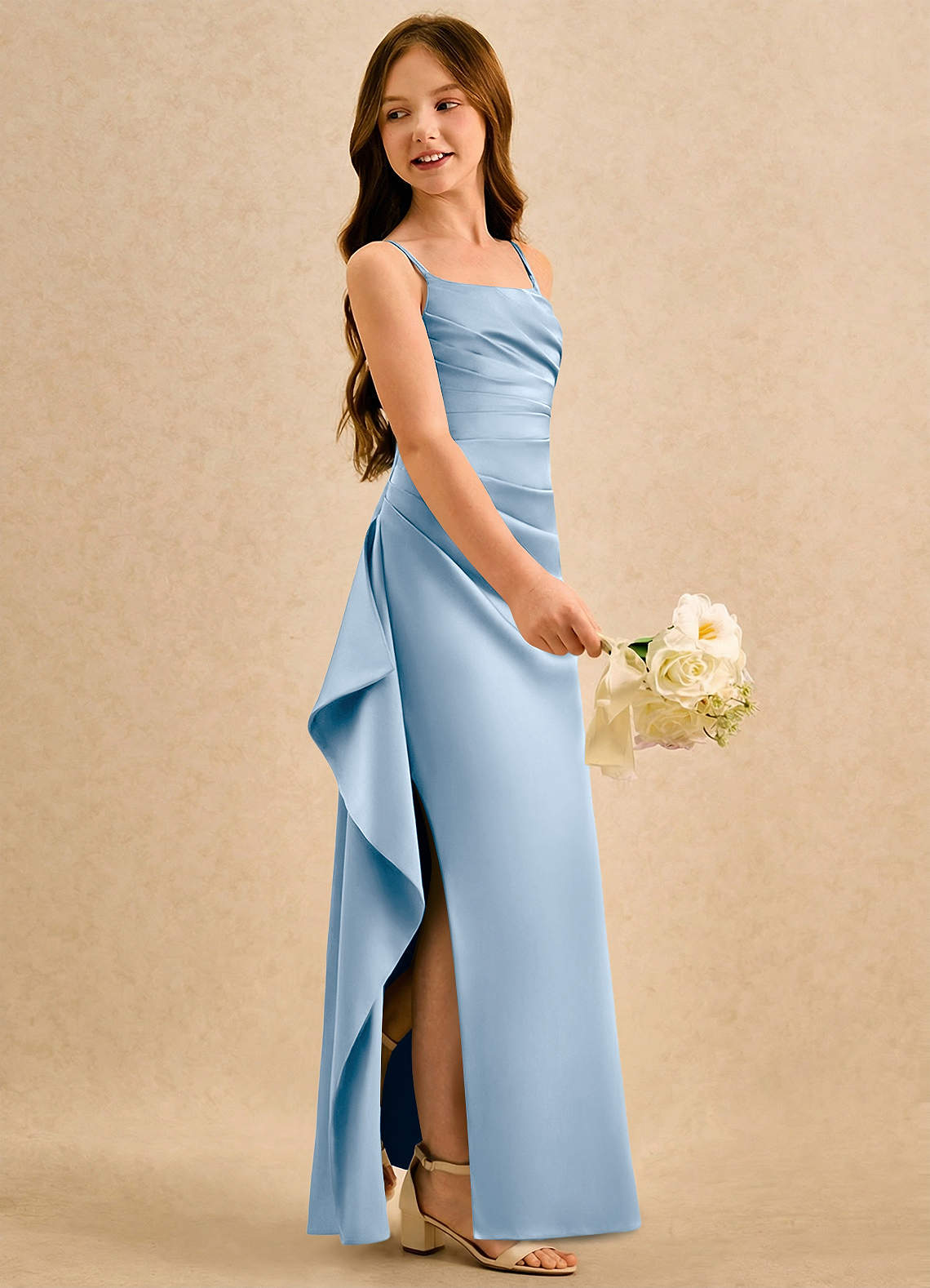 Azazie Cannoli Girls Formal Jurken voor bloemenmeisjes A-Lijn Jurk van Mat Satijn Geplooide Poederblauw image3