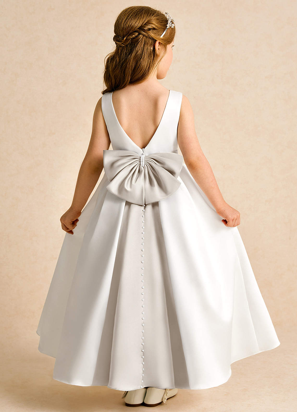 Azazie Cherry Flower Girl Dresses Ivory Frost Ball-Gown Pleated Matte Satin Dress image1