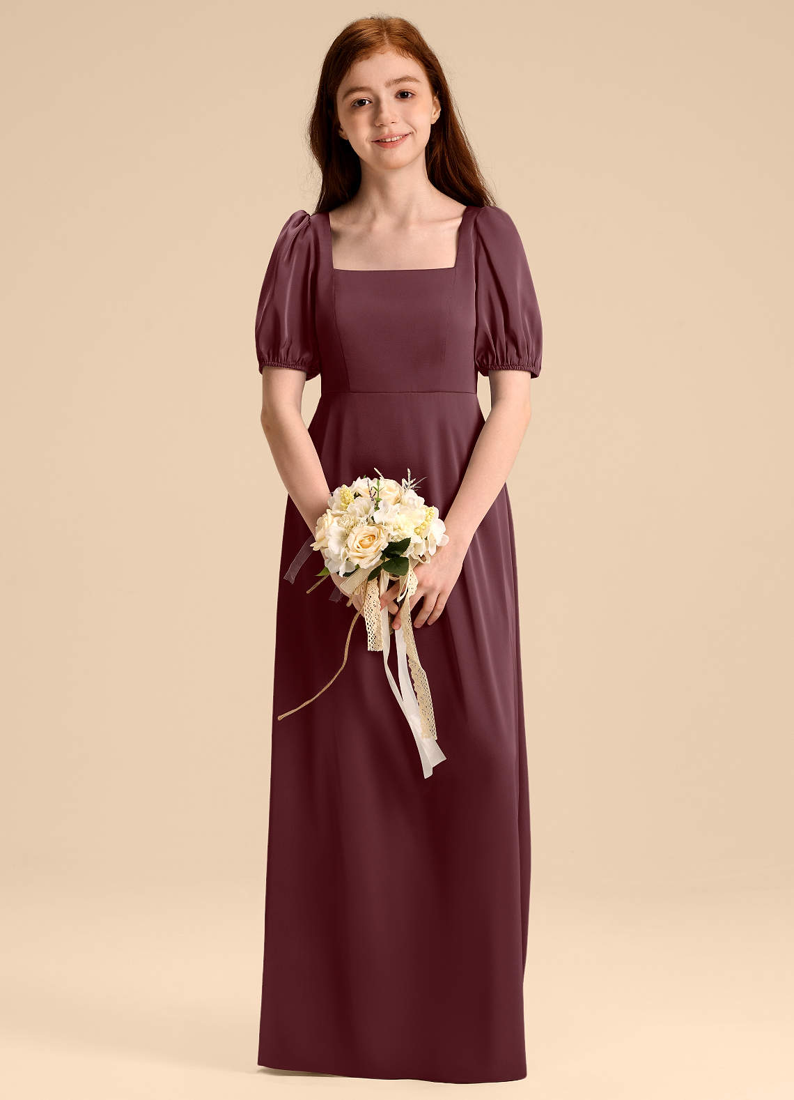 Azazie Briar Junior Sangria A-Line Bow Stretch Satin Dress image1