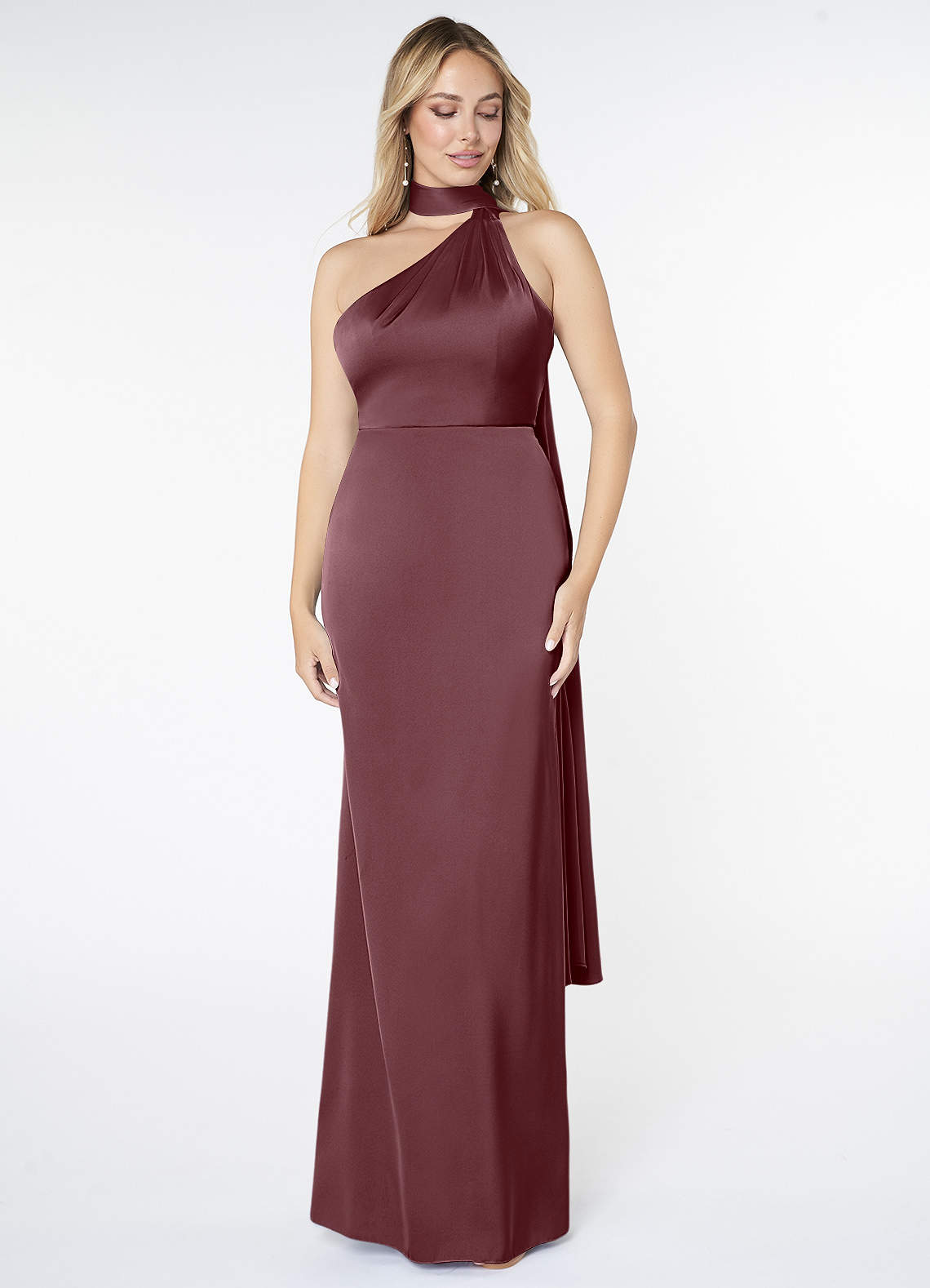 Azazie Kaylani Bridesmaid Dresses Sangria Mermaid High Neck Stretch Satin Dress image1