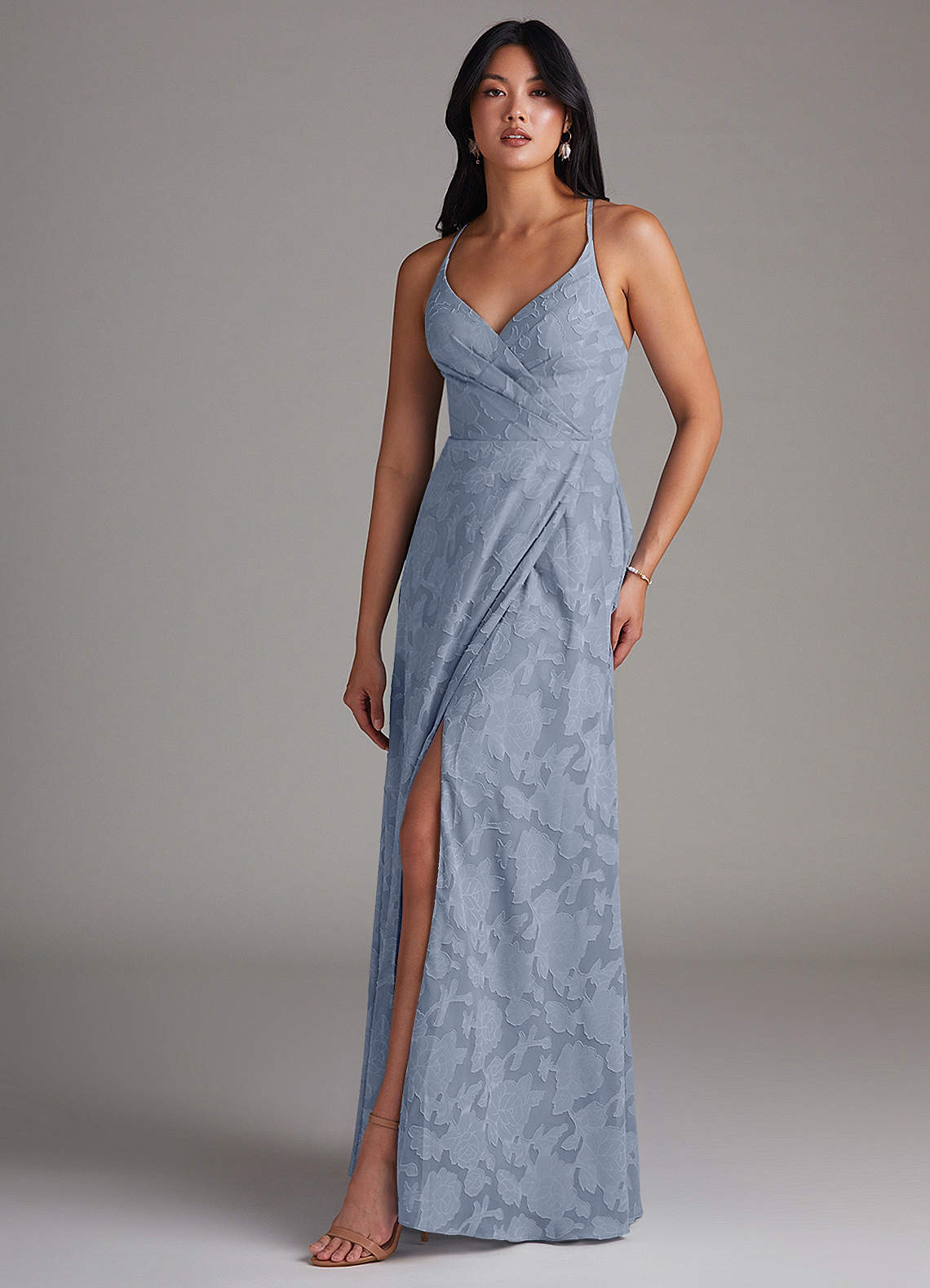 Azazie Davis Bridesmaid Dresses Dusty Blue A-Line Pleated Floral Burnout Dress image1