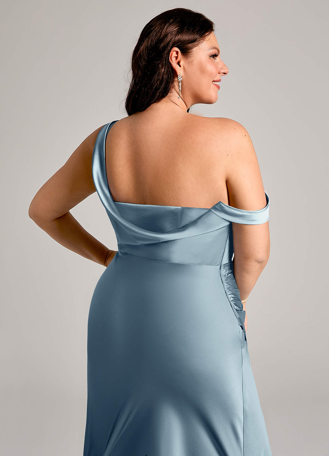 Azazie Madelyn Bridesmaid Dresses Dusty Blue Mermaid One Shoulder Stretch Satin Convertible Dress image13