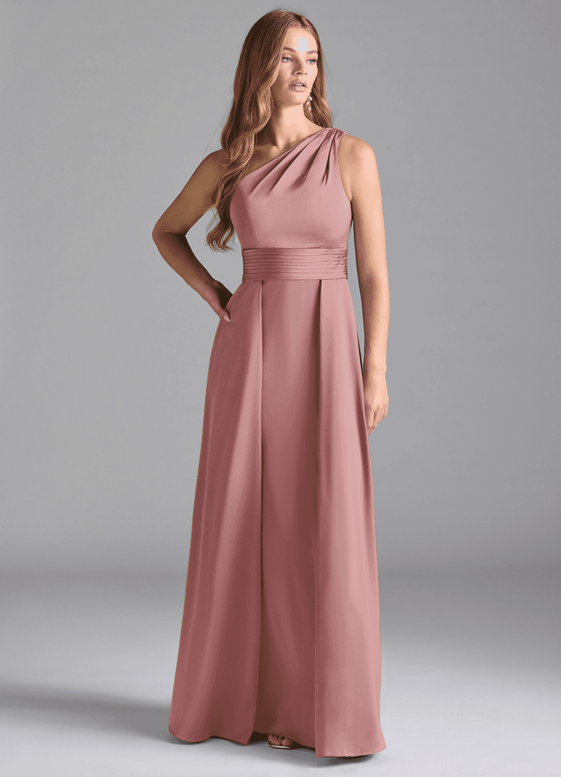 Azazie Dallas Vestidos de damas de honor Vestido de Rosa Polvorienta de Satén Elástico de Corte en A con Hombro unilateral image2