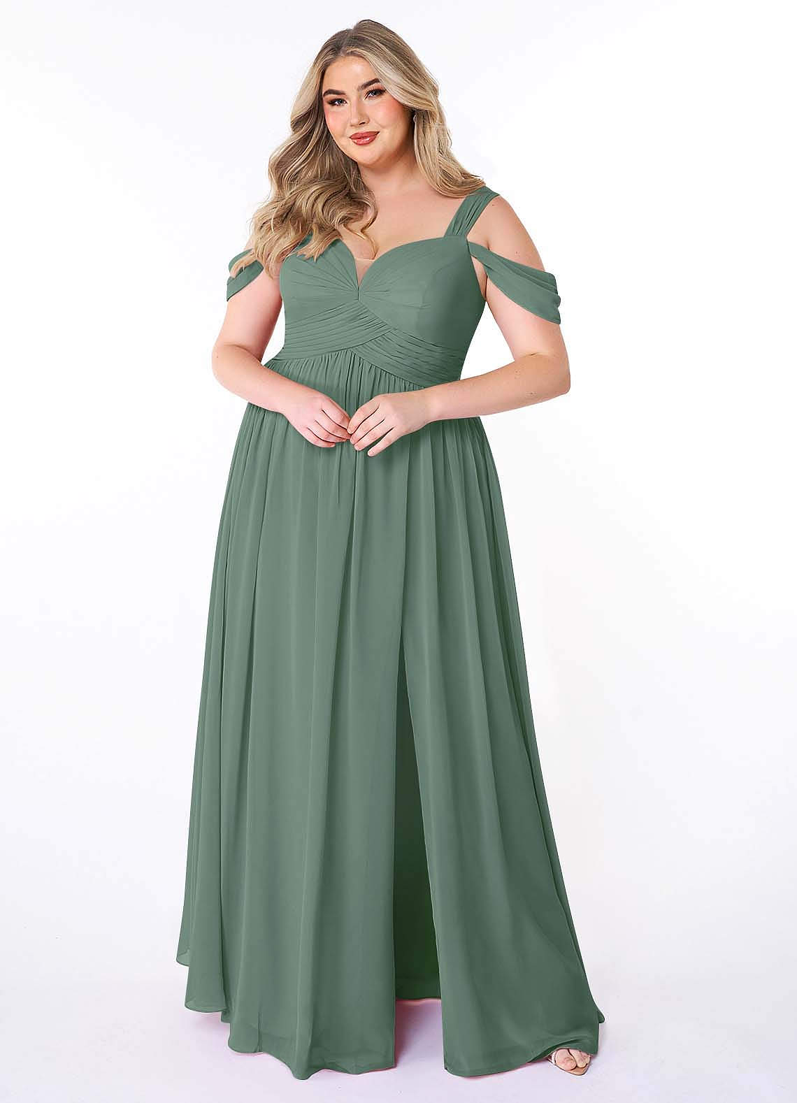 Azazie Lianne Bridesmaid Dresses Eucalyptus A-Line Off the Shoulder Chiffon Dress image1