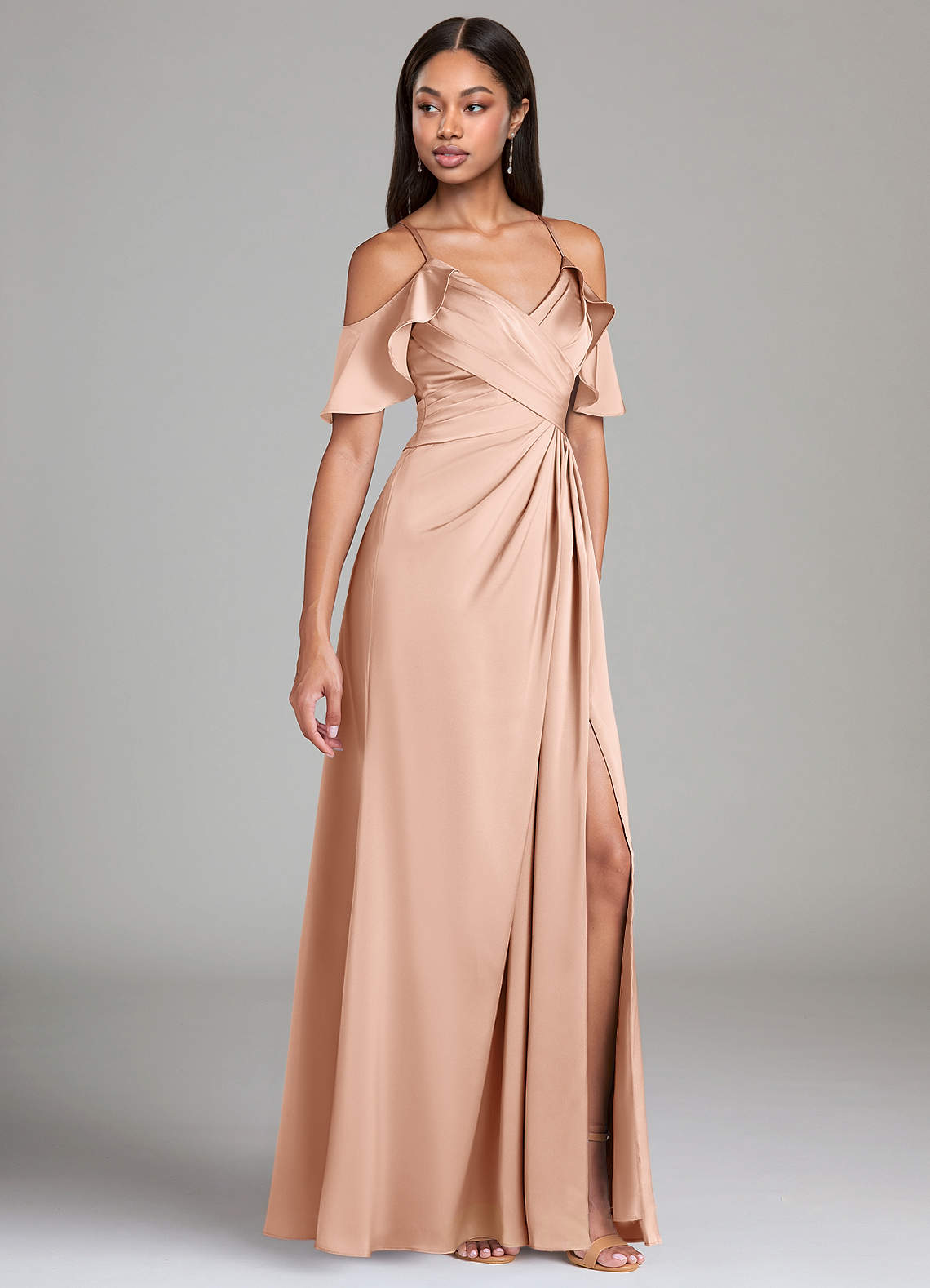 Azazie Dakota Robes de demoiselle d'honneur Robe Trapèze en Satin extensible Épaule décolletée Or Rose image1