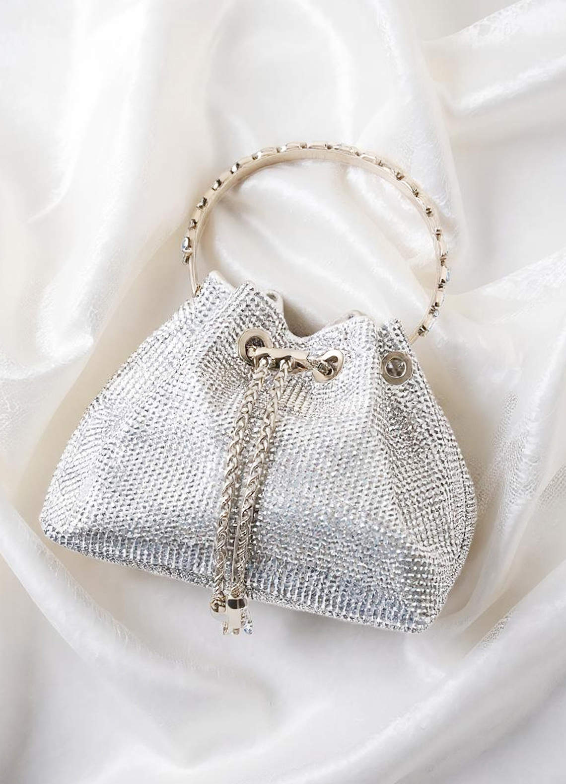 front Rhinestone Embellished Handle Bucket Bag