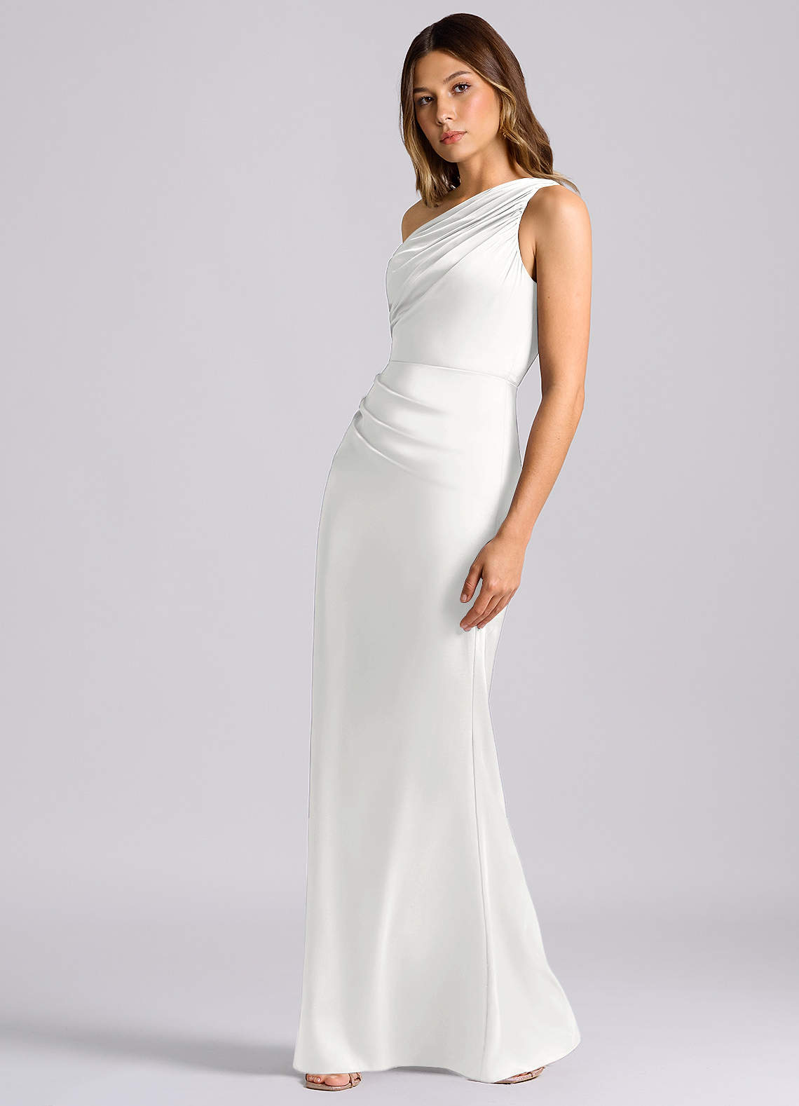 Azazie Akilah Jurken voor bruidsmeisjes Jurk van Stretch Satijn met Zeemeermin One-shoulder Wit image4